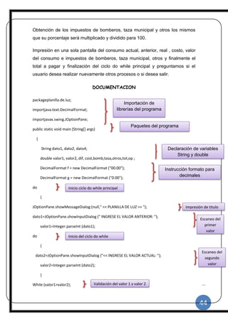 44
|
Obtención de los impuestos de bomberos, taza municipal y otros los mismos
que su porcentaje será multiplicado y dividido para 100.
Impresión en una sola pantalla del consumo actual, anterior, real , costo, valor
del consumo e impuestos de bomberos, taza municipal, otros y finalmente el
total a pagar y finalización del ciclo do while principal y preguntamos si el
usuario desea realizar nuevamente otros procesos o si desea salir.
DOCUMENTACION
packageplanilla.de.luz;
importjava.text.DecimalFormat;
importjavax.swing.JOptionPane;
public static void main (String[] args)
{
String dato1, dato2, dato4;
double valor1, valor2, dif, cost,bomb,tasa,otros,tot,op ;
DecimalFormat f = new DecimalFormat ("00.00");
DecimalFormat g = new DecimalFormat ("0.00");
do
{
JOptionPane.showMessageDialog (null," << PLANILLA DE LUZ >> ");
dato1=JOptionPane.showInputDialog (" INGRESE EL VALOR ANTERIOR: ");
valor1=Integer.parseInt (dato1);
do
{
dato2=JOptionPane.showInputDialog ("<< INGRESE EL VALOR ACTUAL: ");
valor2=Integer.parseInt (dato2);
}
While (valor1>valor2);
Paquetes del programa
Importación de
librerías del programa
Declaración de variables
String y double
Impresión de titulo
Escaneo del
primer
valor
Escaneo del
segundo
valor
Inicio del ciclo do while
Validación del valor 1 y valor 2
Instrucción formato para
decimales
Inicio ciclo do while principal
 