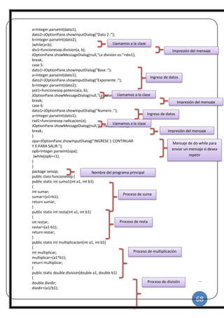 68
|
a=Integer.parseInt(dato1);
dato2=JOptionPane.showInputDialog("Dato 2 :");
b=Integer.parseInt(dato2);
}while(a<b);
div1=funcionesop.division(a, b);
JOptionPane.showMessageDialog(null,"La division es:"+div1);
break;
case 5:
dato1=JOptionPane.showInputDialog("Base :");
a=Integer.parseInt(dato1);
dato2=JOptionPane.showInputDialog("Exponente :");
b=Integer.parseInt(dato2);
pot1=funcionesop.potencia(a, b);
JOptionPane.showMessageDialog(null,"La potencia es:"+pot1);
break;
case 6:
dato1=JOptionPane.showInputDialog("Numero :");
a=Integer.parseInt(dato1);
rad1=funcionesop.radicacion(a);
JOptionPane.showMessageDialog(null,"La raiz es:"+rad1);
break;
}
opa=JOptionPane.showInputDialog("INGRESE 1 CONTINUAR
Y 0 PARA SALIR:");
opb=Integer.parseInt(opa);
}while(opb==1);
}
}
package seisop;
public class funcionesop {
public static int suma1(int a1, int b1)
{
int sumar;
sumar=(a1+b1);
return sumar;
}
public static int resta(int a1, int b1)
{
int restar;
restar=(a1-b1);
return restar;
}
public static int multiplicacion(int a1, int b1)
{
int multiplicar;
multiplicar=(a1*b1);
return multiplicar;
}
public static double division(double a1, double b1)
{
double dividir;
dividir=(a1/b1);
Llamamos a la clase
Impresión del mensaje
Ingreso de datos
Llamamos a la clase
Impresión del mensaje
Ingreso de datos
Llamamos a la clase
Impresión del mensaje
Mensaje de do-while para
enviar un mensaje si desea
repetir
Nombre del programa principal
Proceso de suma
Proceso de resta
Proceso de multiplicación
Proceso de división
 