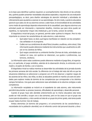 118
es la base para identificar quiénes requieren un acompañamiento más directo en las activida-
des, quiénes pueden presentar necesidades educativas especiales y requieren de una evaluación
psicopedagógica, es decir, para diseñar estrategias de atención individual y actividades de
reforzamiento para ayudarlos a avanzar en sus aprendizajes. De otro modo, cuando la educadora
ignora lo que cada uno de sus alumnos conoce y sabe hacer, la funcionalidad de las actividades
como medio de aprendizaje depende enteramente de la casualidad: para algunos alumnos una
actividad puede ser interesante y representar desafíos, mientras que para otros puede ser
repetitiva, no representar ningún reto intelectual y, por lo tanto, carecer de sentido.
El diagnóstico inicial del grupo, en general, permite saber quiénes lo integran. Pero lo más
importante es conocer las características de cada alumno y cada alumna:
• Qué saben hacer, es decir, qué logros manifiestan en relación con las competen-
cias señaladas en el programa.
• Cuáles son sus condiciones de salud física (visuales y auditivas, entre otras). Esta
información puede obtenerse mediante los instrumentos que usualmente se utili-
zan en los Jardines de Niños.
• Qué rasgos caracterizan su ambiente familiar (formas de trato, actividades que
realizan en casa, con quiénes se relacionan, sus gustos o preferencias, sus
temores, etcétera).
La información sobre estas cuestiones puede obtenerse mediante el juego libre, el organiza-
do y, en particular, el juego simbólico, además de la observación directa, la entrevista con la
madre y el padre de familia y con el alumno.
El diagnóstico inicial se realiza mientras se desarrollan las actividades de la jornada durante
las primeras semanas del ciclo escolar. Su diferencia con el trabajo del resto del año es que las
situaciones didácticas se seleccionan o preparan con el fin de observar y registrar rasgos de
las acciones de los niños y las niñas; es decir, la educadora pondrá en marcha una serie de activi-
dades para explorar niveles de dominio de las competencias que corresponden a los distintos
campos formativos. Una guía para seleccionar esas actividades es la columna contigüa a cada
competencia.
La información recopilada se incluirá en el expediente de cada alumno, este instrumento
permitirá documentar su proceso (avances, dificultades) de aprendizaje y desarrollo personal.
Cuando el grupo haya sido atendido anteriormente por la misma educadora esta tarea
puede ser más sencilla y ocupar una o dos semanas; pero en los casos en que el grupo sea
nuevo para la educadora, y más cuando se trata de un grupo de primer grado, esta tarea puede
ocupar hasta el primer mes de trabajo.
Ambos elementos (el dominio del programa y el conocimiento de las características y
necesidades de la población atendida) son el referente común del personal docente y direc-
10/PEP/ORGANIZACIÓN 6/21/04, 5:18 PM118
 