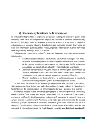 131
a) Finalidades y funciones de la evaluación
La evaluación del aprendizaje es un proceso que consiste en comparar o valorar lo que los niños
conocen y saben hacer, sus competencias, respecto a su situación al comenzar un ciclo escolar,
un periodo de trabajo o una secuencia de actividades, y respecto a las metas o propósitos
establecidos en el programa educativo de cada nivel; esta valoración –emisión de un juicio– se
basa en la información que la educadora recoge, organiza e interpreta en diversos momentos
del trabajo diario y a lo largo de un ciclo escolar.
En la educación preescolar la evaluación tiene tres finalidades principales, estrechamente
relacionadas:
• Constatar los aprendizajes de los alumnos y las alumnas –sus logros y las dificul-
tades que manifiestan para alcanzar las competencias señaladas en el conjunto
de los campos formativos– como uno de los criterios para diseñar actividades
adecuadas a sus características, situación y necesidades de aprendizaje.
• Identificar los factores que influyen o afectan el aprendizaje de los alumnos y las
alumnas, incluyendo la práctica docente y las condiciones en que ocurre el traba-
jo educativo, como base para valorar su pertinencia o su modificación.
• Mejorar –con base en los datos anteriores– la acción educativa de la escuela, la
cual incluye el trabajo docente y otros aspectos del proceso escolar.
De este modo, la evaluación del aprendizaje constituye la base para que la educadora,
sistemáticamente, tome decisiones y realice los cambios necesarios en la acción docente o en
las condiciones del proceso escolar –en primer lugar, las del aula– que estén a su alcance.
A diferencia de otros niveles educativos (por ejemplo, la educación primaria o secundaria)
donde la evaluación es la base para asignar calificaciones y decidir la acreditación de un grado
escolar o la certificación del ciclo educativo, en la educación preescolar la evaluación tiene una
función esencial y exclusivamente formativa, como medio para el mejoramiento del proceso
educativo, y no para determinar si un alumno acredita un grado como condición para pasar al
siguiente. En este sentido es importante destacar que el avance de los alumnos en los tres
grados de la educación preescolar no tendrá como requisito una boleta de aprobaciónno tendrá como requisito una boleta de aprobaciónno tendrá como requisito una boleta de aprobaciónno tendrá como requisito una boleta de aprobaciónno tendrá como requisito una boleta de aprobación
11/PEP/EVALUACIÓN1 6/21/04, 5:18 PM131
 