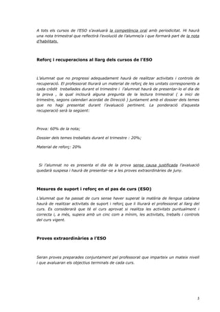 A tots els cursos de l’ESO s’avaluarà la competència oral amb periodicitat. Hi haurà
una nota trimestral que reflectirà l’evolució de l’alumne/a i que formarà part de la nota
d’habilitats.




Reforç i recuperacions al llarg dels cursos de l’ESO



L’alumnat que no progressi adequadament haurà de realitzar activitats i controls de
recuperació. El professorat lliurarà un material de reforç de les unitats corresponents a
cada crèdit treballades durant el trimestre i l’alumnat haurà de presentar-lo el dia de
la prova , la qual inclourà alguna pregunta de la lectura trimestral ( a inici de
trimestre, segons calendari acordat de Direcció ) juntament amb el dossier dels temes
que no hagi presentat durant l’avaluació pertinent. La ponderació d’aquesta
recuperació serà la següent:



Prova: 60% de la nota;

Dossier dels temes treballats durant el trimestre : 20%;

Material de reforç: 20%



 Si l’alumnat no es presenta el dia de la prova sense causa justificada l’avaluació
quedarà suspesa i haurà de presentar-se a les proves extraordinàries de juny.




Mesures de suport i reforç en el pas de curs (ESO)

L’alumnat que ha passat de curs sense haver        superat la matèria de llengua catalana
haurà de realitzar activitats de suport i reforç   que li lliurarà el professorat al llarg del
curs. Es considerarà que té el curs aprovat        si realitza les activitats puntualment i
correcta i, a més, supera amb un cinc com a        mínim, les activitats, treballs i controls
del curs vigent.




Proves extraordinàries a l’ESO



Seran proves preparades conjuntament pel professorat que imparteix un mateix nivell
i que avaluaran els objectius terminals de cada curs.




                                                                                            5
 