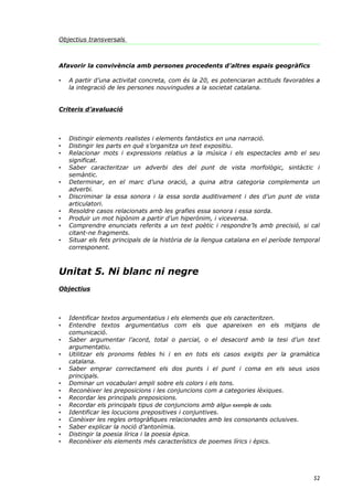 Objectius transversals



Afavorir la convivència amb persones procedents d’altres espais geogràfics

•   A partir d’una activitat concreta, com és la 20, es potenciaran actituds favorables a
    la integració de les persones nouvingudes a la societat catalana.


Criteris d’avaluació



•   Distingir elements realistes i elements fantàstics en una narració.
•   Distingir les parts en què s’organitza un text expositiu.
•   Relacionar mots i expressions relatius a la música i els espectacles amb el seu
    significat.
•   Saber caracteritzar un adverbi des del punt de vista morfològic, sintàctic i
    semàntic.
•   Determinar, en el marc d’una oració, a quina altra categoria complementa un
    adverbi.
•   Discriminar la essa sonora i la essa sorda auditivament i des d’un punt de vista
    articulatori.
•   Resoldre casos relacionats amb les grafies essa sonora i essa sorda.
•   Produir un mot hipònim a partir d’un hiperònim, i viceversa.
•   Comprendre enunciats referits a un text poètic i respondre’ls amb precisió, si cal
    citant-ne fragments.
•   Situar els fets principals de la història de la llengua catalana en el període temporal
    corresponent.



Unitat 5. Ni blanc ni negre
Objectius



•   Identificar textos argumentatius i els elements que els caracteritzen.
•   Entendre textos argumentatius com els que apareixen en els mitjans de
    comunicació.
•   Saber argumentar l’acord, total o parcial, o el desacord amb la tesi d’un text
    argumentatiu.
•   Utilitzar els pronoms febles hi i en en tots els casos exigits per la gramàtica
    catalana.
•   Saber emprar correctament els dos punts i el punt i coma en els seus usos
    principals.
•   Dominar un vocabulari ampli sobre els colors i els tons.
•   Reconèixer les preposicions i les conjuncions com a categories lèxiques.
•   Recordar les principals preposicions.
•   Recordar els principals tipus de conjuncions amb algun exemple de cada.
•   Identificar les locucions prepositives i conjuntives.
•   Conèixer les regles ortogràfiques relacionades amb les consonants oclusives.
•   Saber explicar la noció d’antonímia.
•   Distingir la poesia lírica i la poesia èpica.
•   Reconèixer els elements més característics de poemes lírics i èpics.




                                                                                        52
 