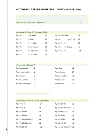 ACTIVITATS TERCER TRIMESTRE                          LLENGUA CATALANA




       Presentació del nou trimestre                                                           
       


       Activitats Tema 7 Fixeu-vos-hi bé
       Pàg 170:             1 – 4 al llibre             Pàg 180: 38- 42 i 44                  

       Pàg 171:             10 al llibre                Pàg 182 :             45,46,49 i 50   

       Pàg 173:             18 i 19 al llibre           Pàg 183: 51 i 54                      

       Pàg 173:             20 text instructiu          Pàg 183:           55 Dic prep.       

       Pàg 176:             27 – 30 al llibre           Pàg 184: 56– 60                       

       Pàg 177:             31 - 35 al llibre        




       Fotocòpies Unitat 7
       Full d’autoavaluació:                            Conte Índia:                  

       Resum teoria literària:                          Poema diamant:                

       Dossier sintaxi :                                Foto. pronoms func.           

       Full subj. i predicat:                           Foto. func. orac:             

       Full oració simple repàs:                        Foto. func orac:              




       Activitats Tema 8 Girem i girarem
       Pàg 194: 1- 6                                    Pàg 201: 32 i 36              

       Pàg 194: 7- 9                                    Pàg 203: 37 i 38 al llibre        

       Pàg 197: 17 llibre                               Pàg 204: 40, 41 i 43          

       Pàg 197: 18 llegir                               Pàg 206: 47-51                

       Pàg 197: Red. Què faràs..?                       Pàg 207: 52-56                

       Pàg 199: 23 i 24 al llibre                       Pàg 208: 57- 60                   





       Pàg 200: 26 - 31                                 Pàg 211: 63, 64, 65, 67           
 