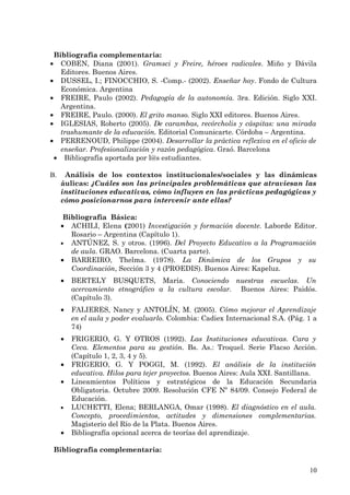 Bibliografía complementaria:
•  COBEN, Diana (2001). Gramsci y Freire, héroes radicales. Miño y Dávila
   Editores. Buenos Aires.
• DUSSEL, I.; FINOCCHIO, S. -Comp.- (2002). Enseñar hoy. Fondo de Cultura
   Económica. Argentina
• FREIRE, Paulo (2002). Pedagogía de la autonomía. 3ra. Edición. Siglo XXI.
   Argentina.
• FREIRE, Paulo. (2000). El grito manso. Siglo XXI editores. Buenos Aires.
• IGLESIAS, Roberto (2005). De carambas, recórcholis y cáspitas: una mirada
   trashumante de la educación. Editorial Comunicarte. Córdoba – Argentina.
• PERRENOUD, Philippe (2004). Desarrollar la práctica reflexiva en el oficio de
   enseñar. Profesionalización y razón pedagógica. Graó. Barcelona
 • Bibliografía aportada por l@s estudiantes.

B.    Análisis de los contextos institucionales/sociales y las dinámicas
     áulicas: ¿Cuáles son las principales problemáticas que atraviesan las
     instituciones educativas, cómo influyen en las prácticas pedagógicas y
     cómo posicionarnos para intervenir ante ellas?

      Bibliografía Básica:
     • ACHILI, Elena (2001) Investigación y formación docente. Laborde Editor.
        Rosario – Argentina (Capítulo 1).
     • ANTÚNEZ, S. y otros. (1996). Del Proyecto Educativo a la Programación
        de aula. GRAO. Barcelona. (Cuarta parte).
     • BARREIRO, Thelma. (1978). La Dinámica de los Grupos y su
        Coordinación, Sección 3 y 4 (PROEDIS). Buenos Aires: Kapeluz.
     •   BERTELY BUSQUETS, María. Conociendo nuestras escuelas. Un
         acercamiento etnográfico a la cultura escolar. Buenos Aires: Paidós.
         (Capítulo 3).
     •   FALIERES, Nancy y ANTOLÍN, M. (2005). Cómo mejorar el Aprendizaje
         en el aula y poder evaluarlo. Colombia: Cadiex Internacional S.A. (Pág. 1 a
         74)
     •   FRIGERIO, G. Y OTROS (1992). Las Instituciones educativas. Cara y
         Ceca. Elementos para su gestión. Bs. As.: Troquel. Serie Flacso Acción.
         (Capítulo 1, 2, 3, 4 y 5).
     •   FRIGERIO, G. Y POGGI, M. (1992). El análisis de la institución
         educativa. Hilos para tejer proyectos. Buenos Aires: Aula XXI. Santillana.
     •   Lineamientos Políticos y estratégicos de la Educación Secundaria
         Obligatoria. Octubre 2009. Resolución CFE Nº 84/09. Consejo Federal de
         Educación.
     •   LUCHETTI, Elena; BERLANGA, Omar (1998). El diagnóstico en el aula.
         Concepto, procedimientos, actitudes y dimensiones complementarias.
         Magisterio del Río de la Plata. Buenos Aires.
     •   Bibliografía opcional acerca de teorías del aprendizaje.

    Bibliografía complementaria:

                                                                                 10
 