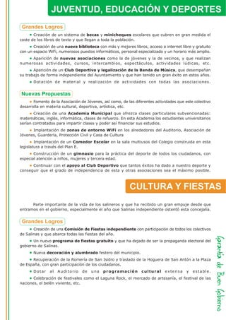 JUVENTUD, EDUCACIÓN Y DEPORTES

       Creación de un sistema de becas y minicheques escolares que cubren en gran medida el
coste de los libros de texto y que llegan a toda la población.
       Creación de una nueva biblioteca con más y mejores libros, acceso a internet libre y gratuito
con un espacio WiFi, numerosos puestos informáticos, personal especializado y un horario más amplio.
     Aparición de nuevas asociaciones como la de jóvenes y la de vecinos, y que realizan
numerosas actividades, cursos, intercambios, espectáculos, actividades lúdicas, etc.
       Aparición de un Club Deportivo y legalización de la Banda de Música, que desempeñan
su trabajo de forma independiente del Ayuntamiento y que han tenido un gran éxito en estos años.
       Dotación de material y realización de actividades con todas las asociaciones.




       Fomento de la Asociación de Jóvenes, así como, de las diferentes actividades que este colectivo
desarrolla en materia cultural, deportiva, artística, etc.
       Creación de una Academia Municipal que ofrezca clases particulares subvencionadas:
matemáticas, inglés, informática, clases de refuerzo. En esta Academia los estudiantes universitarios
serían contratados para impartir clases y poder así financiar sus estudios.
      Implantación de zonas de entorno WiFi en los alrededores del Auditorio, Asociación de
Jóvenes, Guardería, Protección Civil y Casa de Cultura
        Implantación de un Comedor Escolar en la sala multiusos del Colegio construida en esta
legislatura a través del Plan E.
       Construcción de un gimnasio para la práctica del deporte de todos los ciudadanos, con
especial atención a niños, mujeres y tercera edad.
      Continuar con el apoyo al Club Deportivo que tantos éxitos ha dado a nuestro deporte y
conseguir que el grado de independencia de esta y otras asociaciones sea el máximo posible.



                                                          CULTURA Y FIESTAS
      Parte importante de la vida de los salineros y que ha recibido un gran empuje desde que
entramos en el gobierno, especialmente el año que Salinas independiente ostentó esta concejalía.




       Creación de una Comisión de Fiestas independiente con participación de todos los colectivos
de Salinas y que abarca todas las fiestas del año.
       Un nuevo programa de fiestas gratuito y que ha dejado de ser la propaganda electoral del
gobierno de Salinas.
       Nueva decoración y alumbrado festero del municipio.
      Recuperación de la Romería de San Isidro y traslado de la Hoguera de San Antón a la Plaza
de España, con gran participación de los ciudadanos.
       Dotar    al   Auditorio   de   una   programación         cultural    extensa     y   estable.
       Celebración de festivales como el Laguna Rock, el mercado de artesanía, el festival de las
naciones, el belén viviente, etc.
 