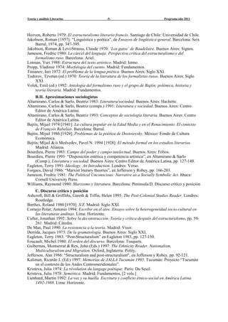 Teoría y análisis Literarios                  -5-                               Programa año 2011




Hozven, Roberto 1979: El estructuralismo literario francés. Santiago de Chile: Universidad de Chile.
Jakobson, Roman [1957]: “Linguística y poética”, de Ensayos de lingüística general. Barcelona: Seix
     Barral, 1974, pp. 347-395.
Jakobson, Roman & Levi-Strauss, Claude 1970: ‘Los gatos’ de Baudelaire. Buenos Aires: Signos.
Jameson, Fredric 1980: La cárcel del lenguaje. Perspectiva crítica del estructuralismo y del
     formalismo ruso. Barcelona: Ariel.
Lotman, Yuri 1988: Estructura del texto artístico. Madrid: Istmo.
Propp, Vladimir 1974: Morfología del cuento. Madrid: Fundamentos.
Tinianov, Iuri 1972: El problema de la lengua poética. Buenos Aires: Siglo XXI.
Todorov, Tzvetan (ed.) 1970: Teoría de la literatura de los formalistas rusos. Buenos Aires: Siglo
     XXI.
Volek, Emil (ed.) 1992: Antología del formalismo ruso y el grupo de Bajtín; polémica, historia y
     teoría literaria. Madrid: Fundamentos.
     B.II. Aproximaciones sociologistas
Altamirano, Carlos & Sarlo, Beatriz 1983: Literatura/sociedad. Buenos Aires: Hachette.
Altamirano, Carlos & Sarlo, Beatriz (comps.) 1991: Literatura y sociedad. Buenos Aires: Centro
     Editor de América Latina.
Altamirano, Carlos & Sarlo, Beatriz 1993: Conceptos de sociología literaria. Buenos Aires: Centro
     Editor de América Latina.
Bajtín, Mijail 1974 [1941]: La cultura popular en la Edad Media y en el Renacimiento. El contexto
     de François Rabelais. Barcelona: Barral.
Bajtín, Mijail 1986 [1929]: Problemas de la poética de Dostoievsky. México: Fondo de Cultura
     Económica.
Bajtín, Mijail &/ó Medvedev, Pavel N. 1994 [1928]: El método formal en los estudios literarios.
     Madrid: Alianza.
Bourdieu, Pierre 1983: Campo del poder y campo intelectual. Buenos Aires: Folios.
Bourdieu, Pierre 1993: “Disposición estética y competencia artística”, en Altamirano & Sarlo
     (Comp.), Literatura y sociedad. Buenos Aires: Centro Editor de América Latina, pp. 127-149.
Eagleton, Terry 1991: Ideology. An Introduction. Londres: Verso.
Forgacs, David 1986: “Marxist literary theories”, en Jefferson y Robey, pp. 166-203.
Jameson, Fredric 1981: The Political Unconscious: Narrative as a Socially Symbolic Act. Ithaca:
     Cornell University Press.
Williams, Raymond 1980: Marxismo y literatura. Barcelona: Península.D. Discurso crítico y posición
     C. Discurso crítico y posición
Ashcroft, Bill & Griffiths, Gareth & Tiffin, Helen 1995: The Post-Colonial Studies Reader. Londres:
     Routledge.
Barthes, Roland 1980 [1970]: S/Z. Madrid: Siglo XXI.
Cornejo Polar, Antonio 1994: Escribir en el aire. Ensayo sobre la heterogeneidad socio-cultural en
     las literaturas andinas. Lima: Horizonte.
Culler, Jonathan 1992: Sobre la deconstrucción. Teoría y crítica después del estructuralismo, pp. 59-
     261. Madrid: Cátedra.
De Man, Paul 1990: La resistencia a la teoría. Madrid: Visor.
Derrida, Jacques 1973: De la gramatología. Buenos Aires: Siglo XXI.
Eagleton, Terry 1983: “Post-Structuralism” en Eagleton 1983, pp. 127-150.
Foucault, Michel 1980: El orden del discurso. Barcelona: Tusquets.
Guibernau, Montserrat & Rex, John (Eds.) 1997: The Ethnicity Reader. Nationalism,
     Multiculturalism and Migration. Oxford, Inglaterra: Polity.
Jefferson, Ann 1986: “Structuralism and post-structuralism”, en Jefferson y Robey, pp. 92-121.
Kaliman, Ricardo J. (Ed.) 1997: Memorias de JALLA Tucumán 1995. Tucumán: Proyecto “Tucumán
     en el contexto de los Andes Centromeridionales”.
Kristeva, Julia 1974: La révolution du langage poétique. París: Du Seuil.
Kristeva, Julia 1978: Semiótica. Madrid: Fundamentos, [2 vols.]
Lienhard, Martin 1992: La voz y su huella. Escritura y conflicto étnico-social en América Latina
     1492-1988. Lima: Horizonte.
 