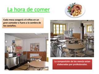 La hora de comer
Cada mesa acogerá a 6 niños en un
gran comedor o fuera a la sombra de
los castaños.




                                      La composición de los menús estan
                                         elaboradas por profesionales.
 
