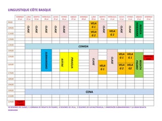 LINGUISTIQUE CÔTE BASQUE
        DOMINGO     LUNES    MARTES    MIÉRCOLES      JUEVES    VIERNES    SÁBADO    DOMINGO    LUNES     MARTES     MIÉRCOLES   JUEVES    VIERNES   SÁBADO     DOMINGO
          01 jul    02 jul    03 jul     04 jul        05 jul    06 jul     07 jul     08 jul    09 jul    10 jul      11 jul     12 jul    13 jul    14 jul      15 jul
9h00
                                                                                                VELA




                                                                                                                                                     HAWAIANA
                                                                                                                                                      REGATA
                    CLASE                                                                        G1

                              CLASE


                                         CLASE


                                                       CLASE


                                                                   CLASE




                                                                                                             CLASE




                                                                                                                                  CLASE


                                                                                                                                            CLASE
10h00
                                                                                                VELA                  VELA
11h00
                                                                                                 G2                    G2
12h00

13h00
                                                                                     COMIDA
14h00
                                         SUBMARISMO


                                                                                                                                 VELA VELA
15h00                                                                                                                                                           Salida del
                                                                                                                                  G1   G1




                                                                                                                       CLASE
                                                                           PIRAGUA
                                                                                                                                                                 centro




                                                                                                 CLASE
                                                                KAYAK




                                                                                                                                                     REGATA
                                                                                                                                                     FIGARO
16h00                                                                                                                            VELA VELA
                                                                                                          VELA
                                                                                                           G1                     G2   G2
17h00

18h00

19h00

20h00
                                                                                           CENA
21h00

22h00    Llegada
        al centro
10 SESIONES DE CLASES, ½ JORNADA DE REGATA EN FIGARO, 4 SESIONES DE VELA, 2 SESIONES DE KAYAK/PIRAGUA, 1 INMERSIÓN SUBMARINISMO Y LA GRAN REGATA
HAWAIANA
 