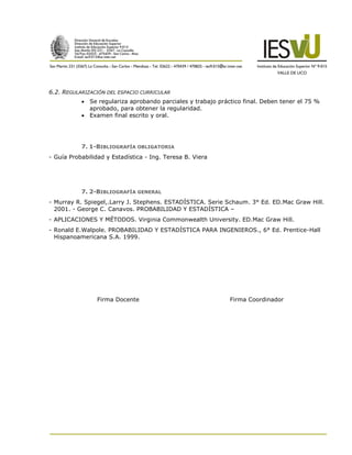 6.2. REGULARIZACIÓN DEL ESPACIO CURRICULAR
            Se regulariza aprobando parciales y trabajo práctico final. Deben tener el 75 %
             aprobado, para obtener la regularidad.
            Examen final escrito y oral.




           7. 1-BIBLIOGRAFÍA OBLIGATORIA
- Guía Probabilidad y Estadística - Ing. Teresa B. Viera




           7. 2-BIBLIOGRAFÍA GENERAL
- Murray R. Spiegel,.Larry J. Stephens. ESTADÍSTICA. Serie Schaum. 3° Ed. ED.Mac Graw Hill.
  2001. - George C. Canavos. PROBABILIDAD Y ESTADÍSTICA –
- APLICACIONES Y MÉTODOS. Virginia Commonwealth University. ED.Mac Graw Hill.
- Ronald E.Walpole. PROBABILIDAD Y ESTADÍSTICA PARA INGENIEROS., 6° Ed. Prentice-Hall
  Hispanoamericana S.A. 1999.




                 Firma Docente                               Firma Coordinador
 