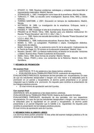  STACEY, K. 1999. Resolver problemas: estrategias y unidades para desarrollar el
razonamiento matemático. Madrid, Narcea.
 STENHOUSE, L. 1987. Investigación como base de la enseñanza. Madrid, Morata.
 TONUCCI, F. 1988. La escuela como investigación. Buenos Aires, Miño y Dávila
Editores.
 TORRES SANTOME, J. 2001. Educación en tiempos de neoliberalismo. Madrid,
Morata.
 WITTROCH, M. 1989. La investigación de la enseñanza. Enfoques, teoría y
métdoso. México, Paidós.
 WOODS, P. 1998. Investigar el arte de la enseñanza. Buenos Aires. Paidós.
 PRUZZO de DI PEGO, Vilma. 1995. Aportes para una didáctica institucional. En
Revista "Praxis Educativa", del I.C.E.I.I. Año 1, Nro. 1.
 ---------------. 1995. Hacia una escuela democrática. En Revista "Praxis Educativa",del
I.C.E.I.I. Año1, Nro. 1.
 FERNANDEZ, L. 1998. Instituciones educativas. Buenos Aires, Paidós.
 NOSEI, C. 1991. La autogestión: Posibilidad o utopía. Investigación didáctica.
Documento de cátedra.
 KAMII, Constance. 1992. La autonomía como fin de la educación: Implicaciones de
la Teoría de Piaget. En “El número en la educación preescolar”. Madrid, Visor.
 Nicastro, Sandra. 1997. La Historia Institucional y el director en la escuela. Versiones
y relatos. Buenos Aires, Paidós Cuestiones de Educación
 AEBLI, Hans. 1988. Doce formas de enseñar. Madrid. Narcea.
 COLL, César, POZO y otros. Los contenidos de la Reforma. Madrid. Aula XXI.
Santillana.
7. RÉGIMEN DE PROMOCIÓN
Sin examen final:
 ASISTENCIA: 75 % de asistencia a las clases teórico- prácticas.
 EVALUACION de los TRABAJOS PRACTICOS: evaluación de seguimiento.
EVALUACIONES PARCIALES: Aprobación de tres parciales con recuperatorios. En caso
de que los estudiantes desaprueben o tengan una nota menor a la estipulada para la
promoción en un parcial y recuperatorio, el alumno podrá presentarse a un parcial
integrador que lo habilite a la promoción. Es requisito para rendirlos la presentación de
los trabajos prácticos previos.
 El nivel mínimo de aprobación será de 6 puntos.
Con examen final:
ASISTENCIA: 50% de asistencia a las clases teórico- prácticas.
EVALUACION de los TRABAJOS PRACTICOS: Sistema de Evaluación formativa.
EVALUACIONES PARCIALES: Aprobación de dos parciales, con sus respectivos
recuperatorios. En caso de que los estudiantes desaprueben o tengan una nota menor a
la estipulada para la regularidad en un parcial y recuperatorio, el alumno podrá
presentarse a un parcial integrador que lo habilite a la regularidad. Es requisito para
rendirlos la presentación de los trabajos prácticos previos.
El nivel mínimo de aprobación será de 4 puntos.
8. RÉGIMEN PARA ALUMNOS LIBRES
Los alumnos libres podrán presentar 15 días antes del examen trabajos prácticos a fin de
andamiar su proceso de aprendizaje.
Programa: Didáctica 2013. Pág. 9 de 10
 