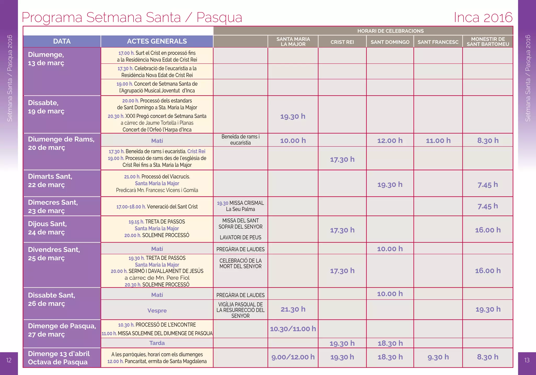 Programa Setmana Santa / Pasqua Inca 2016
12
SetmanaSanta/Pasqua2016
SetmanaSanta/Pasqua2016
13
diumenge,
13 de març
dissabte,
19 de març
diumenge de Rams,
20 de març
dimarts Sant,
22 de març
dimecres Sant,
23 de març
dijous Sant,
24 de març
divendres Sant,
25 de març
dissabte Sant,
26 de març
dimenge de Pasqua,
27 de març
dimenge 13 d’abril
octava de Pasqua
17.00 h. Surt el Crist en processó fins
a la Residència Nova Edat de Crist Rei
17.30 h. Celebració de l’eucaristia a la
Residència Nova Edat de Crist Rei
19.00 h. Concert de Setmana Santa de
l’Agrupació Musical Joventut d’Inca
20.00 h. Processó dels estandars
de Sant Domingo a Sta. Maria la Major
20.30 h. XXXI Pregó concert de Setmana Santa
a càrrec de Jaume Tortella i Planas
Concert de l’Orfeó l’Harpa d’Inca
21.00 h. Processó del Viacrucis.
Santa Maria la Major
Predicarà Mn. Francesc Vicens i Gomila
17.00-18.00 h. Veneració del Sant Crist
19.15 h. TRETA DE PASSOS
Santa Maria la Major
20.00 h. SOLEMNE PROCESSÓ
Beneïda de rams i
eucaristia
19.30 MISSA CRISMAL
La Seu Palma
MISSA DEL SANT
SOPAR DEL SENyOR
LAVATORI DE PEUS
A les parròquies, horari com els diumenges
12.00 h. Pancaritat, ermita de Santa Magdalena
PREGÀRIA DE LAUDES
PREGÀRIA DE LAUDES
VIGíLIA PASQUAL DE
LA RESURRECCIÓ DEL
SENyOR
CELEBRACIÓ DE LA
MORT DEL SENyOR
SaNTa MaRia
la MaJoR
MoNESTiR dE
SaNT BaRToMEuCRiST REi SaNT doMiNGo
hoRaRi dE CElEBRaCioNS
SaNT FRaNCESCaCTES GENERalSdaTa
19.30 h
17.30 h
17.30 h
17.30 h 16.00 h
16.00 h
10.00 h 12.00 h
19.30 h
10.00 h
10.00 h
19.30 h 18.30 h
21.30 h
10.30/11.00 h
9.00/12.00 h 19.30 h 18.30 h 9.30 h 8.30 h
19.30 h
7.45 h
7.45 h
11.00 h 8.30 hMatí
17.30 h. Beneïda de rams i eucaristia. Crist Rei
19.00 h. Processó de rams des de l’església de
Crist Rei fins a Sta. Maria la Major
Matí
19.30 h. TRETA DE PASSOS
Santa Maria la Major
20.00 h. SERMÓ I DAVALLAMENT DE JESÚS
a càrrec de Mn. Pere Fiol
20.30 h. SOLEMNE PROCESSÓ
10.30 h. PROCESSÓ DE L’ENCONTRE
11.00 h. MISSASOLEMNE DELDIUMENGE DE PASQUA
Matí
vespre
Tarda
 