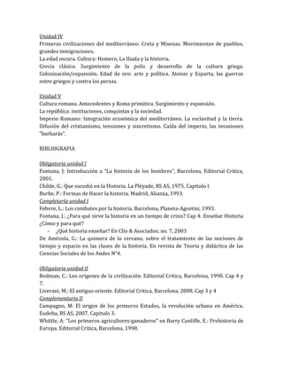 Unidad IV
Primeras civilizaciones del mediterráneo: Creta y Misenas. Movimientos de pueblos,
grandes inmigraciones.
La edad oscura. Cultura: Homero, La Iliada y la historia.
Grecia clásica. Surgimiento de la polis y desarrollo de la cultura griega.
Colonización/expansión. Edad de oro: arte y política. Atenas y Esparta, las guerras
entre griegos y contra los persas.
Unidad V
Cultura romana. Antecedentes y Roma primitiva. Surgimiento y expansión.
La república: instituciones, conquistas y la sociedad.
Imperio Romano: Integración económica del mediterráneo. La esclavitud y la tierra.
Difusión del cristianismo, tensiones y sincretismo. Caída del imperio, las invasiones
“barbarás”.
BIBLIOGRAFIA
Obligatoria unidad I
Fontana, J: Introducción a “La historia de los hombres”, Barcelona, Editorial Critica,
2001.
Childe, G.: Que sucedió en la Historia. La Pléyade, BS AS, 1975. Capitulo I.
Burke, P.: Formas de Hacer la historia. Madrid, Alianza, 1993.
Completaría unidad I
Febvre, L.: Los combates por la historia. Barcelona, Planeta-Agostini, 1993.
Fontana, J.: ¿Para qué sirve la historia en un tiempo de crisis? Cap 4: Enseñar Historia
¿Cómo y para qué?
- ¿Qué historia enseñar? En Clío & Asociados; no. 7, 2003
De Amézola, G.: La quimera de lo cercano, sobre el tratamiento de las nociones de
tiempo y espacio en las clases de la historia. En revista de Teoría y didáctica de las
Ciencias Sociales de los Andes N°4.
Obligatoria unidad II
Redman, C.: Los orígenes de la civilización. Editorial Critica, Barcelona, 1990. Cap 4 y
7.
Liverani, M.: El antiguo oriente. Editorial Critica, Barcelona, 2008. Cap 3 y 4
Complementaria II
Campagno, M: El origen de los primeros Estados, la revolución urbana en América.
Eudeba, BS AS, 2007. Capitulo 3.
Whittle, A: “Los primeros agricultores-ganaderos” en Barry Cunliffe, E.: Prehistoria de
Europa. Editorial Critica, Barcelona, 1998.
 