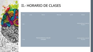 II.- HORARIO DE CLASES
Hora Lunes Martes Miercoles Jueves Viernes
9:40
PSICOLOGÍA DE LA SALUD
TALLER A
11:20
PSICOLOGÍA DE LA SALUD
CÁTEDRA
PSICOLOGÍA DE LA SALUD
TALLER B
 