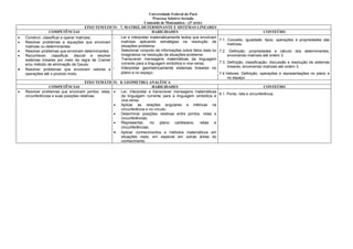 Universidade Federal do Pará
                                                                           Processo Seletivo Seriado
                                                                      Conteúdo de Matemática - (3ª série)
                                         EIXO TEMÁTICO: 7. MATRIZ, DETERMINANTE E SISTEMAS LINEARES
                   COMPETÊNCIAS                                            HABILIDADES                                                      CONTEÚDO
•   Construir, classificar e operar matrizes;        -  Ler e interpretar matematicamente textos que envolvam
•   Resolver problemas e equações que envolvam          matrizes aplicando estratégias na resolução de 7.1. Conceito, igualdade, tipos, operações e propriedades das
                                                        situações-problema;                                          matrizes.
    matrizes ou determinantes;
•   Resolver problemas que envolvam determinantes;   -  Selecionar conjunto de informações sobre fatos reais ou 7.2. Definição, propriedades e cálculo dos determinantes,
•   Reconhecer, classificar, discutir e resolver        imaginários na resolução de situações-problema;              envolvendo matrizes até ordem 3.
    sistemas lineares por meio da regra de Cramer -     Transcrever mensagens matemáticas da linguagem
                                                        corrente para a linguagem simbólica e vice-versa;       7.3. Definição, classificação, discussão e resolução de sistemas
    e/ou método de eliminação de Gauss;
                                                                                                                     lineares, envolvendo matrizes até ordem 3.
•   Resolver problemas que envolvam vetores e -         Interpretar geometricamente sistemas lineares no
    operações até o produto mixto.                      plano e no espaço.                                      7.4.Vetores: Definição, operações e representações no plano e
                                                                                                                     no espaço.
                                         EIXO TEMÁTICO: 8. GEOMETRIA ANALÍTICA
                   COMPETÊNCIAS                                            HABILIDADES                                                      CONTEÚDO
•   Resolver problemas que envolvam pontos, retas, •    Ler, interpretar e transcrever mensagens matemáticas
                                                                                                                8.1. Ponto, reta e circunferência.
    circunferências e suas posições relativas.          da linguagem corrente para a linguagem simbólica e
                                                        vice-versa.
                                                     •  Aplicar as relações angulares e métricas na
                                                        circunferência e no círculo;
                                                     •  Determinar posições relativas entre pontos, retas e
                                                        circunferências;
                                                     •  Representar, no plano cartesiano, retas e
                                                          circunferências;
                                                     •    Aplicar conhecimentos e métodos matemáticos em
                                                          situações reais, em especial em outras áreas do
                                                          conhecimento.
 