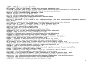 -ALCINA, J. (1990), El arte precolombino. Madrid. Akal.
-ALDEROQUI, S. (COMPIL.) (1996), Museos y escuelas; socios para educar. Buenos Aires. Paidós.
-ALONSO, M. y MATILLA, L. (1990), Imágenes en acción. Análisis y práctica de la expresión audiovisual en la escuela activa. Madrid. Akal.
-ARANA , M., MAZZINI, A., PONTE, C. y SCHELOTTO, S. (1999), Art déco. Montevideo. Dos Puntos.
-ARNHEIM, R. (1985), El pensamiento visual. Buenos Aires. Eudeba.
-ARNHEIM, R. (1988), El poder del centro. Madrid. Alianza.
-ARNHEIM, R. (1992), Ensayos para rescatar el arte. Madrid. Cátedra.
-ARNHEIM, R. (1993), Consideraciones sobre la educación artística. Barcelona. Paidós.
-AUMONT,J. (1992), La imagen. Barcelona. Paidós.
-BARLOW, H., BLAKEMORE, C. y WESTON-SMITH, (Eds.), Imagen y conocimiento. Cómo vemos el mundo y cómo lo interpretamos. Barcelona.
Grijalbo-Mondadori.
-BARRAGÁN, R. y colaboradores (1996), Una experiencia sobre tintes naturales. Taller de técnicas textiles. Montevideo
-BATTEGAZZORE, M. A. (1999), J. Torres García. La trama y los signos. Montevideo. Gordon S.A.
-BAUDRILLARD, J., MUNARI, B. y otros, (1990), Videoculturas de fin de siglo. Madrid. Cátedra.
-BELJON, J. J. (1993), Gramática del arte. Madrid. Celeste.
-BERGER, R., (1976), Arte y Comunicación. Barcelona. Gili.
-BODEN, M. (1994), La mente creativa. Mitos y mecanismos. Barcelona. Gedisa.
-BOHANNAN, P. (1992), Para raros, nosotros. Introducción a la antropología cultural. Madrid. Akal.
-BRUNER, J. (1996), Realidad mental y mundos posibles. Barcelona. Gedisa.
-CARBAJAL, M. (1996), Carmelo de Arzadum: la esencia del Uruguay. Montevideo. Galería Latina.
-CARBAJAL, M. (1997), Domingo Laporte: la bisagra neoclásica. Montevideo. Galería Latina.
-CARBAJAL, M. (1992), La influencia española en las artes visuales del Uruguay. Montevideo. Galería Latina.
-CHING, F. (1989), ARQUITECTURA: forma, espacio, orden. México. G. Gili.
-CRESPI, I. y FERRARIO, J. (1995), Léxico técnico de las artes plásticas. Buenos Aires. Eudeba.
-DEBRAY, R. (1994), Vida y muerte de la imagen. Historia de la mirada en occidente. Barcelona. Paidós.
-DE SAUSMAREZ, M. (1995), Diseño básico. Dinámica de la forma visual en las artes plásticas. Barcelona. G. Gili.
-DOCZI, G. (1996), El poder de los límites. Proporciones armónicas en la naturaleza, el arte y la arquitectura. Buenos Aires. Latin Gráfica.
-DONDIS, D. A. (1995), La sintaxis de la imagen. Introducción al alfabeto visual. Barcelona. G. Gili.
-DUNCAN, A. (1994), El art déco. Barcelona. Ediciones Destino S. A.
-EISNER, E. (1987), Procesos cognitivos y currículum. Una base para decidir lo que hay que enseñar. Barcelona. Martínez Roca.
-EISNER, E. (1995), Educar la visión artística. Barcelona. Paidós.
-EISNER, E. (1998), El ojo ilustrado. Indagación cualitativa y mejora de la práctica educativa. Barcelona. Paidós.
-EDWARDS, B. (1994), Aprender a dibujar con el lado derecho del cerebro. Barcelona. Urbano.
-FREEDBERG, D. (1992), El poder de las imágenes. Estudios sobre la historia y la teoría de la respuesta. Madrid. Cátedra.
-GARCÍA BLANCO, A. (1994), Didáctica del museo. El descubrimiento de los objetos. Madrid. Ediciones de la Torre.
-GARDNER, H. (1983), Estructuras de la mente. La teoría de las inteligencias múltiples. México. Fondo de Cultura Económica.
-GARDNER, H. (1995), Inteligencias múltiples. La teoría en la práctica. Barcelona. Paidós
-GARDNER, H. (1990), Educación artística y desarrollo humano. Barcelona. Paidós.
13
 