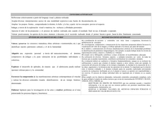 CONTENIDOS ACTITUDINALES
Reflexionar colectivamente a partir del lenguaje visual y plástico utilizado
Aceptar diversas interpretaciones acerca de una modalidad expresiva o una fuente de documentación, etc.
Ampliar los propios límites , comprendiendo lo distinto, lo bello y lo feo, a partir de los conceptos previos al respecto.
Indagar, a través de la exploración visual o matérica, los rechazos y afinidades personales.
Apreciar el valor de las propuestas y el proceso de análisis realizado, aún cuando el resultado final no sea el deseado o esperado.
Valorar positivamente los aportes de los otros alumnos o docentes, en el recorrido realizado desde el primer boceto o gesto , hasta la obra finalmente concretada.
SÍNTESIS DE LOS OBJETIVOS DEL CURSO RECOMENDACIONES GENERALES
Valorar y preservar los elementos ( naturaleza, obras artísticas o testimoniales, etc.) que
identifican nuestro patrimonio cultural, y el de la humanidad.
Adquirir una expresión personal a través del autoconocimiento, el dominio
comprensivo de códigos y la justa valoración de las posibilidades individuales y
colectivas.
Explorar el desarrollo de aptitudes, de manera que el adolescente pueda realizar
opciones valiosas para sí y la comunidad.
Favorecer la comprensión de las manifestaciones artísticas contemporáneas al vincular
y valorar los diversos contenidos visuales identificatorios de un tiempo histórico
determinado.
Elaborar hipótesis para la investigación en las artes y resolver problemas en el área
potenciando los procesos lógicos y heurísticos
•La coordinación de acciones y contenidos con otras áreas o asignaturas, favorecerá la
globalización de conceptos.
•La investigación, comprensión y comunicación de las situaciones propuestas debería favorecer la
visualización del valor de la imagen y el dibujo aplicado a la ciencia, por parte del alumno
•Los análisis y contrastaciones de diversas manifestaciones artísticas de la humanidad posibilitan
la identificación de parámetros imagenológicos. Por ejemplo, se puede trabajar desde los niveles de
representación icónico, enactivo y simbólico (c.f. Bruner).
•El estudio de la bibliografía contribuye a situar al docente en la problemática adecuada.
•La utilización de diversos formatos, soportes y calidades texturales, así como de todas las
técnicas que se puedan experimentar, contribuirá a profundizar los contenidos anotados.
•La evaluación deberá ser cualitativa y formativa fundamentalmente, aunque no se excluyen las
calificaciones o juicios que orienten al alumno respecto a otros valores, como por ejemplo, la
concreción del proyecto de trabajo en los tiempos estipulados, la claridad en la exposición de la o
las ideas- argumentos y la tolerancia ante las opiniones de los demás. Es importante que la relación
entre el docente evaluador y el alumno evaluado parta de acuerdos explicitados previamente
(criterios de evaluación), facilitando así en el alumno el ejercer su opinión con responsabilidad y
sin reservas. El proceso de trabajo individual debe ser registrado por el alumno en su carpeta
proceso.
•Para cumplir con los objetivos planteados, incluyendo contenidos conceptuales complejos, sería
de gran utilidad el empleo de medios técnicos que sirvan de intermediación INTERNET, BLOGS,
VIDEOS, DVD, CDROM, etc.
•SOFTWARE DE DISEÑO DE IMÁGENES que nos permitan acceder y transferir
información, a la vez que con sus recursos gráficos nos permiten transformar datos,
multiplicarlos, minimizarlos, etc.
•VISITAS A MUSERO TALLERES DE ARTISTAS ESPACIOS PÚBLICOS O
PRIVADOS DE VALOR RELEVANTE ETC.
8
 