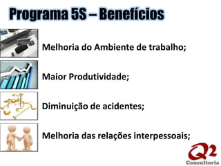Programa 5S – BenefíciosMelhoria do Ambiente de trabalho;Maior Produtividade;Diminuição de acidentes;Melhoria das relações interpessoais;