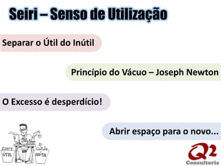 Seiri – Senso de UtilizaçãoSeparar o Útil do InútilPrincípio do Vácuo – Joseph NewtonO Excesso é desperdício!Abrir espaço para o novo...