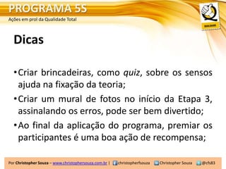 PROGRAMA 5S
Ações em prol da Qualidade Total



  Dicas

  •Criar brincadeiras, como quiz, sobre os sensos
   ajuda na fixação da teoria;
  •Criar um mural de fotos no início da Etapa 3,
   assinalando os erros, pode ser bem divertido;
  •Ao final da aplicação do programa, premiar os
   participantes é uma boa ação de recompensa;

Por Christopher Souza – www.christophersouza.com.br |   christopherfsouza   Christopher Souza   @cfs83
 