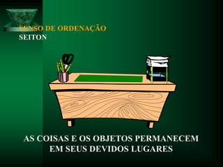 SENSO DE ORDENAÇÃO
SEITON
AS COISAS E OS OBJETOS PERMANECEM
EM SEUS DEVIDOS LUGARES
 