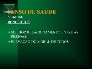 SENSO DE SAÚDE
SEIKETSU
BENEFÍCIOS:
 MELHOR RELACIONAMENTO ENTRE AS
PESSOAS;
 ELEVAÇÃO DO MORAL DE TODOS.
 