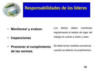 48
Responsabilidades de los lideres
• Monitorear y evaluar.
• Inspecciones
• Promover el cumplimiento
de las normas.
Los lideres deben monitorear
regularmente el estado de lugar del
trabajo en cuanto a orden y aseo.
Se debe tomar medidas correctivas
cuando se detecte incumplimientos.
 