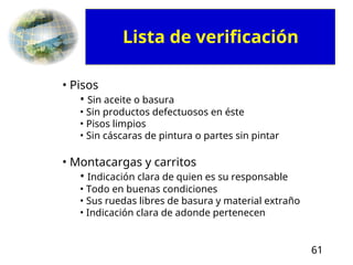 61
• Pisos
• Sin aceite o basura
• Sin productos defectuosos en éste
• Pisos limpios
• Sin cáscaras de pintura o partes sin pintar
• Montacargas y carritos
• Indicación clara de quien es su responsable
• Todo en buenas condiciones
• Sus ruedas libres de basura y material extraño
• Indicación clara de adonde pertenecen
Lista de verificación
 