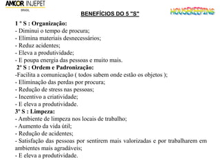 BENEFÍCIOS DO 5 "S"
1 º S : Organização:
- Diminui o tempo de procura;
- Elimina materiais desnecessários;
- Reduz acidentes;
- Eleva a produtividade;
- E poupa energia das pessoas e muito mais.
2º S : Ordem e Padronização:
-Facilita a comunicação ( todos sabem onde estão os objetos );
- Eliminação das perdas por procura;
- Redução de stress nas pessoas;
- Incentivo a criatividade;
- E eleva a produtividade.
3º S : Limpeza:
- Ambiente de limpeza nos locais de trabalho;
- Aumento da vida útil;
- Redução de acidentes;
- Satisfação das pessoas por sentirem mais valorizadas e por trabalharem em
ambientes mais agradáveis;
- E eleva a produtividade.
 