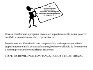 Deve-se ressaltar que o programa não cresce espontaneamente, nem é possível
mantê-lo sem um intenso esforço e persistência.
Entretanto se sua filosofia foi bem compreendida, pode representar a força
propulsora para o início de uma administração de reconciliação do homem com
o homem pelo exercício de atributos tais como:
RESPEITO, HUMILDADE, CONFIANÇA, HUMOR E CRIATIVIDADE.
Ao
concluirmos essa
fase conceitual é
importante deixar a seguinte
mensagem conclusiva referente
ao programa 5S s
 