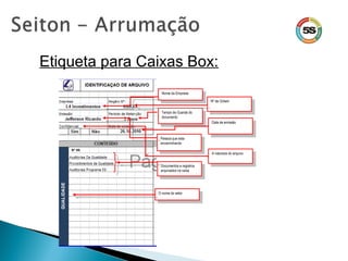 Etiqueta para Caixas Box:
A natureza do arquivo
A natureza do arquivo
Nº de Ordem
Nº de Ordem
O nome do setor
O nome do setor
Documentos e registros
arquivados na caixa
Documentos e registros
arquivados na caixa
Nome da Empresa
Nome da Empresa
Tempo de Guarda do
documento
Tempo de Guarda do
documento
Data de emissão
Data de emissão
Pessoa que esta
encaminhando
Pessoa que esta
encaminhando
 