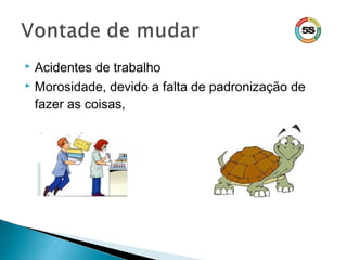  Acidentes de trabalho
 Morosidade, devido a falta de padronização de
fazer as coisas,
 