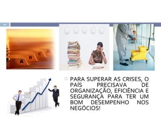 10




        PARA SUPERAR AS CRISES, O
         PAÍS    PRECISAVA     DE
         ORGANIZAÇÃO, EFICIÊNCIA E
         SEGURANÇA PARA TER UM
         BOM DESEMPENHO NOS
         NEGÓCIOS!
 