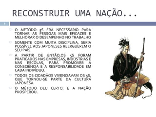RECONSTRUIR UMA NAÇÃO...
8

       O MÉTODO 5S ERA NECESSÁRIO PARA
        TORNAR AS PESSOAS MAIS EFICAZES E
        MELHORAR O DESEMPENHO NO TRABALHO
       SOMENTE COM MUITA DISCIPLINA, SERIA
        POSSÍVEL AOS JAPONESES REERGUEREM O
        SEU PAÍS.
       A PARTIR DE ENTÃO,OS 5S FORAM
        PRATICADOS NAS EMPRESAS, INDÚSTRIAS E
        NAS ESCOLAS, PARA PROMOVER A
        CONSCIÊNCIA E A RESPONSABILIDADE EM
        CADA INDIVÍDUO.
       TODOS OS CIDADÃOS VIVENCIAVAM OS 5S,
        QUE TORNOU-SE PARTE DA CULTURA
        JAPONESA.
       O MÉTODO DEU CERTO, E A NAÇÃO
        PROSPEROU.
 