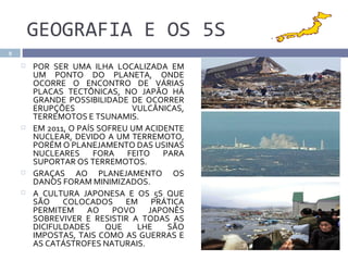 GEOGRAFIA E OS 5S
9

       POR SER UMA ILHA LOCALIZADA EM
        UM PONTO DO PLANETA, ONDE
        OCORRE O ENCONTRO DE VÁRIAS
        PLACAS TECTÔNICAS, NO JAPÃO HÁ
        GRANDE POSSIBILIDADE DE OCORRER
        ERUPÇÕES               VULCÂNICAS,
        TERREMOTOS E TSUNAMIS.
       EM 2011, O PAÍS SOFREU UM ACIDENTE
        NUCLEAR, DEVIDO A UM TERREMOTO,
        PORÉM O PLANEJAMENTO DAS USINAS
        NUCLEARES      FORA   FEITO   PARA
        SUPORTAR OS TERREMOTOS.
       GRAÇAS AO PLANEJAMENTO OS
        DANOS FORAM MINIMIZADOS.
       A CULTURA JAPONESA E OS 5S QUE
        SÃO    COLOCADOS      EM    PRÁTICA
        PERMITEM     AO    POVO    JAPONÊS
        SOBREVIVER E RESISTIR A TODAS AS
        DICIFULDADES      QUE   LHE    SÃO
        IMPOSTAS, TAIS COMO AS GUERRAS E
        AS CATÁSTROFES NATURAIS.
 