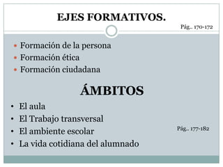 EJES FORMATIVOS.
                                      Pág.. 170-172


 Formación de la persona
 Formación ética
 Formación ciudadana


                    ÁMBITOS
•   El aula
•   El Trabajo transversal
                                     Pág.. 177-182
•   El ambiente escolar
•   La vida cotidiana del alumnado
 
