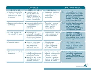 CONTENIDOS                                                     INDICADORES DE LOGRO
   CONCEPTUALES               PROCEDIMENTALES                   ACTITUDINALES
Tratados internacionales     Indagación sobre las            Interés por la indagación    2.4 Nombra algunos tratados
ambientales realizados con   medidas tomadas por             y lectura de tratados            internacionales ambientales
participación de países      los gobiernos para la           internacionales                  realizados con participación
americanos.                  protección ambiental a                                           de países americanos y
                             partir de la suscripción de     ambientales.
                             tratados internacionales.                                        enumera con interés algunos
                                                                                              compromisos adquiridos.

Deterioro medioambiental     Investigación, identificación   Creatividad y esmero al      2.5 Investiga, identifica, analiza
en América.                  y análisis del deterioro        presentar información            y presenta información
                             medioambiental                  sobre el deterioro               que explica el deterioro
                             en América                      medioambiental.                  medioambiental en América
                                                                                              con creatividad y esmero.
Acciones de protección y     Evaluación de las               Responsabilidad al evaluar   2
                                                                                          2.6 Evalúa las acciones de
uso adecuado del agua:       acciones de protección y        y proponer acciones de           protección ambiental en el
                             conservación ambiental en       protección ambiental.            hogar, el centro escolar, la
                             el hogar, el centro escolar                                      comunidad y el país y propone
                             y la comunidad.                                                  mejoras responsablemente.

Turismo en América.          Ubicación, clasificación        Valoración de la             2.7    Ubica, clasifica y describe
                             y descripción de los            importancia que poseen              creativamente y con apoyos
                             principales lugares             los principales lugares             gráficos los principales lugares
                             turísticos de América.          turísticos de América.              turísticos de América y valora
                                                                                                 su importancia.

Manifestaciones culturales   Investigación sobre             Agrado y respeto por las     2
                                                                                          2.8 Investiga, describe y expone
en América.                  diferentes manifestaciones      diferentes manifestaciones       con agrado, creativamente
                             culturales en América.          culturales en América.           y esmero las diferentes
                             Descripción de la riqueza       Creatividad y esmero al          manifestaciones culturales en
                             cultural generada por el        presentar manifestaciones        América.
                             fenómeno migratorio.            culturales de América.

                                                                                                                                                         159
                                                                                                                    Programa de estudio de sexto grado
 