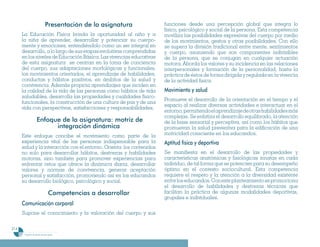 Presentación de la asignatura          funciones desde una percepción global que integra lo
                                                                      físico, psicológico y social de la persona. Esta competencia
      La Educación Física brinda la oportunidad al niño y a           moviliza las posibilidades expresivas del cuerpo por medio
      la niña de aprender, desarrollar y potenciar su cuerpo-         de los movimientos, gestos y otras posibilidades. Con ello
      mente y emociones, entendiéndolo como un ser integral en        se supera la división tradicional entre mente, sentimientos
      desarrollo, a lo largo de sus etapas evolutivas comprendidas    y cuerpo, asumiendo que son componentes indivisibles
      en los niveles de Educación Básica. Las vivencias educativas    de la persona, que se conjugan en cualquier actuación
      de esta asignatura se centran en la toma de conciencia          motora. Aborda los valores y su incidencia en las relaciones
      del cuerpo, sus adaptaciones morfológicas y funcionales,        interpersonales y formación de la personalidad, hasta la
      los movimientos orientados, el aprendizaje de habilidades,      práctica de éstos de forma dirigida y regulada en la vivencia
      conductas y hábitos positivos, en ámbitos de la salud y         de la actividad física.
      convivencia. Además propicia aprendizajes que inciden en
      la calidad de la vida de las personas como hábitos de vida      Movimiento y salud
      saludables, desarrolla las propiedades y cualidades físico-
                                                                      Promueve el desarrollo de la orientación en el tiempo y el
      funcionales, la construcción de una cultura de paz y de una
                                                                      espacio al realizar diversas actividades e interactuar en el
      vida con perspectivas, satisfacciones y responsabilidades.
                                                                      entorno, permitiendo el aprendizaje de otras habilidades más
                                                                      complejas. Se enfatiza el desarrollo equilibrado, la atención
                     Enfoque de la asignatura: motriz de              de la base sensorial y perceptiva, así como los hábitos que
                           integración dinámica                       promuevan la salud preventiva para la edificación de una
      Este enfoque concibe el movimiento como parte de la             motricidad consciente en los educandos.
      experiencia vital de las personas indispensable para la         Aptitud física y deportiva
      salud y la interacción con el entorno. Orienta los contenidos
      no solo para desarrollar hábitos, destrezas y habilidades       Se manifiesta en el desarrollo de las propiedades y
      motoras, sino también para promover experiencias para           características anatómicas y fisiológicas innatas en cada
      enfrentar retos que ofrece la dinámica diaria, desarrollar      individuo, de tal forma que se potencien para su desempeño
      valores y normas de convivencia, generar aceptación             óptimo en el contexto sociocultural. Esta competencia
      personal y satisfacción, promoviendo así en los educandos       requiere el respeto y la atención a la diversidad existente
      su desarrollo biológico, psicológico y social.                  entre los educandos. Con este planteamiento se promociona
                                                                      el desarrollo de habilidades y destrezas técnicas que
                                   Competencias a desarrollar         facilitan la práctica de algunas modalidades deportivas,
                                                                      grupales e individuales.
      Comunicación corporal
      Supone el conocimiento y la valoración del cuerpo y sus

214
       Programa de estudio de sexto grado
 