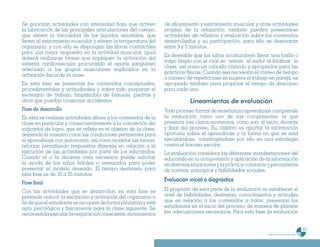 Se priorizan actividades con intensidad baja que activen         de aflojamiento y estiramiento muscular y otras actividades
la lubricación de las principales articulaciones del cuerpo,     propias de la relajación; también pueden presentarse
que eleven la viscosidad de los líquidos sinoviales, que         actividades de reflexión y evaluación sobre los contenidos
lleven al estiramiento muscular y eleven la temperatura del      desarrollados y su participación, para ello se destinarán
organismo, y con ello se dispongan las fibras contráctiles       entre 3 y 5 minutos.
para una mejor respuesta en la actividad muscular, igual
                                                                 Es deseable que los niños acostumbren llevar una toalla o
deberá realizarse tareas que impliquen la activación del
                                                                 trapo limpio con el cual se retiren el sudor al finalizar la
sistema cardiovascular procurando el aporte sanguíneo
                                                                 clase, así como un calzado cómodo y apropiados para las
adecuado a los grupos musculares implicados en la
                                                                 prácticas físicas. Cuando sea necesario el conteo de tiempo
activación física de la clase.
                                                                 o número de repeticiones se sugiere el trabajo en pareja, es
En esta fase se presentan los contenidos conceptuales,           apropiado también para propiciar el tiempo de descanso
procedimentales y actitudinales y sobre todo preparan el         para cada uno.
escenario de trabajo, limpiándolo de basuras, piedras y
otros que puedan ocasionar accidentes.                                      Lineamientos de evaluación
Fase de desarrollo                                               Todo proceso formal de enseñanza-aprendizaje comprende
En esta se realizan actividades afines a los contenidos de la    la evaluación como uno de sus componentes, la que
clase en particular y consecuentemente a la concreción del       presenta tres claros momentos, como son: al inicio, durante
indicador de logro, que se refleja en el objetivo de la clase,   y final del proceso. Su objetivo es aportar la información
debiendo el maestro crear las condiciones pertinentes para       oportuna sobre el aprendizaje y la forma en que se está
el aprendizaje con autonomía, así como modelar las tareas,       ejecutándose, constituyéndose por ello en una estrategia
reforzar permitiendo respuestas diversas en relación a la        contra el fracaso escolar.
ejecución de las actividades por parte de los educandos.         La evaluación considera las diferentes manifestaciones del
Cuando el o la docente crea necesario puede solicitar            educando en la comprensión y aplicación de la información
la ayuda de los niños hábiles o avanzados para poder             en diversas situaciones y la práctica constante y permanente
presentar el modelo deseado. El tiempo destinado para            de normas, principios y habilidades sociales.
esta fase es de 30 a 35 minutos.
Fase final
                                                                 Evaluación inicial o diagnóstica
Con las actividades que se desarrollan en esta fase se           El propósito de esta parte de la evaluación es establecer el
pretende reducir la excitación y activación del organismo a      nivel de habilidades, destrezas, conocimientos y actitudes
fin de que el estudiante se recupere de forma paulatina y esté   que en relación a los contenidos a tratar, presentan los
apto psicológica y físicamente para la clase siguiente. Se       estudiantes en el inicio del proceso; de manera de planear
recomienda ejecutar la respiración consciente, movimientos       las adecuaciones necesarias. Para esta fase de evaluación


                                                                                                                                                    221
                                                                                                               Programa de estudio de sexto grado
 