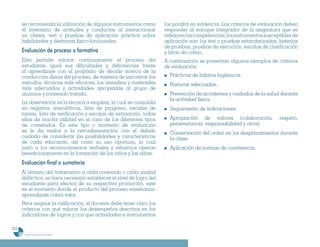 se recomienda la utilización de algunos instrumentos como       los pondrá en evidencia. Los criterios de evaluación deben
      el inventario de actitudes y conductas al interaccionar         responder al enfoque integrador de la asignatura que se
      en clases, test o pruebas de aplicación práctica sobre          refleja en las competencias; los instrumentos susceptibles de
      habilidades y destrezas físico-funcionales.                     aplicación son: los test o pruebas estandarizadas, baterías
                                                                      de pruebas, pruebas de ejecución, escalas de clasificación
      Evaluación de proceso o formativa                               y listas de cotejo.
      Esta permite valorar continuamente el proceso del               A continuación se presentan algunos ejemplos de criterios
      estudiante, igual sus dificultades y deficiencias frente        de evaluación:
      al aprendizaje con el propósito de decidir acerca de la
      conducción diaria del proceso, de manera de encontrar los         Prácticas de hábitos higiénicos.
      métodos, técnicas más eficaces, los utensilios y materiales       Posturas adecuadas.
      más adecuados y actividades apropiadas al grupo de
      alumnos y contenido tratado.                                      Prevención de accidentes y cuidados de la salud durante
                                                                        la actividad física.
      La observación es la técnica a emplear, la cual se consolida
      en registros anecdóticos, lista de progreso, escalas de           Seguimiento de indicaciones.
      tareas, lista de verificación y escalas de estimación, todas
      ellas de mucha utilidad en el caso de los diferentes tipos        Apropiación de valores (colaboración,             respeto,
      de contenidos. En este tipo o momento de evaluación               perseverancia, responsabilidad y otros)
      se le da realce a la retroalimentación con el debido              Conservación del orden en los desplazamientos durante
      cuidado de considerar las posibilidades y características         la clase.
      de cada educando, así como su uso oportuno, lo cual
      junto a los reconocimientos verbales y refuerzos operan           Aplicación de normas de convivencia.
      beneficiosamente en la formación de los niños y las niñas.
      Evaluación final o sumatoria
      Al término del tratamiento a cada contenido o cada unidad
      didáctica, se hace necesario establecer el nivel de logro del
      estudiante para efectos de su respectiva promoción, este
      es el momento donde el producto del proceso enseñanza-
      aprendizaje cobra valor.
      Para asignar la calificación, el docente debe tener claro los
      criterios con qué valorar los desempeños descritos en los
      indicadores de logros y con que actividades e instrumentos

222
       Programa de estudio de sexto grado
 