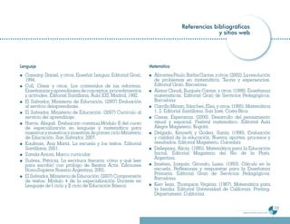 Referencias bibliográficas
                                                                                             y sitios web




Lenguaje                                                       Matemática
  Cassany, Daniel, y otros. Enseñar Lengua. Editorial Graó,      Abrantes Paulo, Barba Carme, y otros. (2002). La resolución
  1994.                                                          de problemas en matemática. Teoría y experiencias.
  Coll, César y otros. Los contenidos de las reformas.           Editorial Graó. Barcelona.
  Enseñanzas y aprendizajes de conceptos, procedimientos         Alsina Claudi, Burgués Carme, y otros. (1998). Enseñanza
  y actitudes. Editorial Santillana, Áula XXI. Madrid, 1992.     matemáticas. Editorial Graò de Servicios Pedagógicos.
  El Salvador, Ministerio de Educación. (2007) Evaluación        Barcelona
  al servicio delaprendizaje.                                    Carrillo Mirian; Sánchez, Elsa, y otros. (1995). Matemática
  El Salvador, Ministerio de Educación. (2007) Currículo al      1, 2. Editorial Santillana. San José, Costa Rica.
  servicio del aprendizaje.                                      Casas, Esperanza. (2000). Desarrollo del pensamiento
  Harris, Abigail. Evaluación continua,Módulo II del curso       visual y espacial. Festival matemático. Editorial Aula
  de especialización en lenguaje y matemática para               Alegre Magisterio. Bogotá.
  maestros y maestros y maestras de primer ciclo Ministerio      Delgado, Kenneth y Godea, Santa. (1990). Evaluación
  de Educación, San Salvador, 2007.                              y calidad de la educación. Nuevos aportes, procesos y
  Kaufman, Ana María. La escuela y los textos. Editorial         resultados. Editorial Magisterio, Colombia.
  Santillana, 2001.                                              Dellepiani, Alicia. (1995). Matemática para la Educación
  Zavala Antoni. Marco curricular                                Inicial. Editorial Magisterio del Río de la Plata.
                                                                 Argentina.
  Suárez, Patricia. La escritura literaria: cómo y qué leer
  para escribir/ con prólogo de Beatriz Actis. Ediciones         Jiménez, Joaquín; Girondo, Luisa. (1993). Cálculo en la
  HomoSapiens Rosario Argentina, 2005.                           escuela. Reflexiones y respuestas para la Enseñanza
                                                                 Primaria. Editorial Graó de Servicios Pedagógicos.
  El Salvador, Ministerio de Educación. (2007) Comprensión       Barcelona.
  de textos. Módulo 4 de la especialización Docente en
  Lenguaje de I ciclo y II ciclo de Educación Básica.            Kerr Jean, Thompson Virginia. (1987). Matemática para
                                                                 la familia. Editorial Universidad de California. Printing.
                                                                 Departament. California.

                                                                                                                                                   235
                                                                                                              Programa de estudio de sexto grado
 