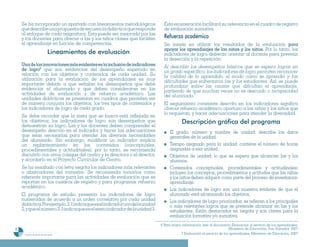 Se ha incorporado un apartado con lineamientos metodológicos                 Esta enumeración facilitará su referencia en el cuadro de registro
    que describe una propuesta de secuencia didáctica que responde               de evaluación sumativa.
    al enfoque de cada asignatura. Esta puede ser mejorada por las
    y los docentes para ofrecer a las y los niños clases que faciliten           Refuerzo académico
    el aprendizaje en función de competencias.                                   Se insiste en utilizar los resultados de la evaluación para
                                                                                 apoyar los aprendizajes de las niñas y los niños. Por lo tanto, los
                                Lineamientos de evaluación                       indicadores de logro deberán orientar al docente para prevenir
                                                                                 la deserción y la repetición:
    Una de las innovaciones más evidentes es la inclusión de indicadores         Al describir los desempeños básicos que se espera lograr en
    de logro6 que son evidencias del desempeño esperado en                       un grado específico, los indicadores de logro permiten reconocer
    relación con los objetivos y contenidos de cada unidad. Su                   la calidad de lo aprendido, el modo como se aprendió y las
    utilización para la evaluación de los aprendizajes es muy                    dificultades que enfrentaron las y los estudiantes. Así, se puede
    importante debido a que señalan los desempeños que debe                      profundizar sobre las causas que dificultan el aprendizaje,
    evidenciar el alumnado y que deben considerarse en las                       partiendo de que muchas veces no es descuido o incapacidad
    actividades de evaluación y de refuerzo académico. Las                       del alumnado.7
    unidades didácticas se presentan en cuadros que permiten ver
    de manera conjunta los objetivos, los tres tipos de contenidos y             El seguimiento constante descrito en los indicadores significa
    los indicadores de logro de cada grado.                                      ofrecer refuerzo académico oportuno a las niñas y los niños que
                                                                                 lo requieran, y hacer adecuaciones para atender la diversidad.
    Se debe recordar que la meta que se busca está reflejada en
    los objetivos; los indicadores de logro son desempeños que                              Descripción gráfica del programa
    demuestran su logro. Las y los docentes deben comprender el
    desempeño descrito en el indicador y hacer las adecuaciones                     El grado, número y nombre de unidad: describe los datos
    que sean necesarias para atender las diversas necesidades                       generales de la unidad.
    del alumnado. Sin embargo, modificar un indicador implica
    un replanteamiento en los contenidos (conceptuales,                             Tiempo asignado para la unidad: contiene el número de horas
    procedimentales y actitudinales), por lo tanto, se recomienda                   asignadas a esa unidad.
    discutirlo con otros colegas del centro y la directora o el director,           Objetivos de unidad: lo que se espera que alcancen las y los
    y acordarlo en el Proyecto Curricular de Centro.                                alumnos.
    Se ha resaltado con letra negrita los indicadores más relevantes                Contenidos conceptuales, procedimentales y actitudinales:
    o abarcadores del trimestre. Se recomienda tomarlos como                        incluyen los conceptos, procedimientos y actitudes que las niñas
    referente importante para las actividades de evaluación que se                  y los niños deben adquirir como parte del proceso de enseñanza-
    reportan en los cuadros de registro y para programar refuerzo                   aprendizaje.
    académico.
                                                                                    Los indicadores de logro son una muestra evidente de que el
    El programa de estudio presenta los indicadores de logro                        alumnado está alcanzando los objetivos.
    numerados de acuerdo a un orden correlativo por cada unidad                     Los indicadores de logro priorizados: se refieren a los principales
    didáctica. Por ejemplo, 2.1 indica que es el indicador uno de la unidad         o más relevantes logros que se pretende alcanzar en las y los
    2, y que el número 3. 5 indica que es el sexto indicador de la unidad 3.        estudiantes. Están destacados en negrita y son claves para la
                                                                                    evaluación formativa y/o sumativa.
                                                                               6 Para mayor información, leer el documento Evaluación al servicio de los aprendizajes.
8                                                                                                                         Ministerio de Educación, San Salvador, 2007
     Programa de estudio de sexto grado                                                    7 Evaluación al servicio de los aprendizajes. Ministerio de Educación, 2007
 