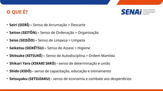 O QUE É?
• Seiri (SEIRÍ) – Senso de Arrumação > Descarte
• Seiton (SEITÔN) – Senso de Ordenação > Organização
• Seiso (SEISÔO) – Senso de Limpeza > Limpeza
• Seiketsu (SEIKÊTSU) – Senso de Asseio > Higiene
• Shitsuke (XITSUKÊ) – Senso de Autodisciplina > Ordem Mantida
• Shikari Yaro (XIKARI IARÓ) - senso de determinação e união
• Shido (XIDÓ) - senso de capacitação, educação e treinamento
• Setsuyaku (SETSUIAKU) - senso de economia e combate aos desperdícios
 