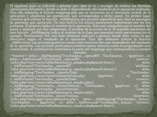 El siguiente paso es indicarle a phrame que clase se va a encargar de realizar las distintas operaciones del panel y donde se debe ir dependiendo del resultado de la operación realizada. Para ello editamos el fichero mappings.php que se encuentra en el directorio include de la aplicación y añadimos las operaciones que correspondan a dicho panel. En primer lugar tenemos que utilizar la función _AddMapping que permite especificar que clase se encargará de gestionar que operación. De esta función los únicos parámetros importantes son los dos primeros. El primero indica el nombre de la operación. Éste está compuesto por el nombre del panel y, separado por dos subguiones, el nombre de la acción en si. El segundo parámetro de esta función _AddMapping indica el nombre de la clase que manejará estas operaciones (en el ejemplo TinvEstados). Por otro lado debemos indicarle a phrame donde debe volver (a que dirección) según el resultado de la operación. Para ello debemos utilizar la función _AddForward. Las acciones genéricas tienen unos retornos fijos que dependerán del resultado de la operación. Las acciones particulares tendran tantos retornos como el programador crea conveniente. A continuación mostramos la parte del mappings que correspondería a nuestro ejemplo:/*Estados*/ $this->_AddMapping('TinvEstados__operarBD', 'TinvEstados', '', 'IgepForm', 0); $this->_AddForward('TinvEstados__operarBD', 'correcto', 'index.php?view=views/tablasMaestras/p_estados.php&panel=listar'); $this->_AddForward('TinvEstados__operarBD', 'sinDatos', 'index.php?view=views/tablasMaestras/p_estados.php&panel=buscar'); $this->_AddMapping('TinvEstados__cancelarTodo', 'TinvEstados', 'index.php?view=views/mantenimientoFicha.php', 'IgepForm', 0); $this->_AddForward('TinvEstados__cancelarTodo', 'correcto', 'index.php?view=views/tablasMaestras/p_estados.php'); $this->_AddMapping('TinvEstados__iniciarVentana', 'TinvEstados', '', 'IgepForm', 0); $this->_AddForward('TinvEstados__iniciarVentana', 'correcto', 'index.php?view=views/tablasMaestras/p_estados.php'); $this->_AddForward('TinvEstados__iniciarVentana', 'incorrecto', 'index.php?view=igep/views/aplicacion.php'); $this->_AddMapping('TinvEstados__buscar', 'TinvEstados', '', 'IgepForm', 0); $this->_AddForward('TinvEstados__buscar', 'correcto', 'index.php?view=views/tablasMaestras/p_estados.php&panel=listar'); 
