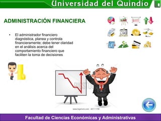 ADMINISTRACIÓN FINANCIERA
Facultad de Ciencias Económicas y Administrativas
• El administrador financiero
diagnóstica, planea y controla
financieramente; debe tener claridad
en el análisis acerca del
comportamiento financiero que
faciliten la toma de decisiones
 