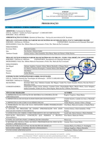 UNIVERSIDADE DO ESTADO DO RIO GRANDE DO NORTE - UERN
CAMPUS AVANÇADO  “PROFª.  MARIA  ELISA  DE  ALBUQUERQUE  MAIA”  – CAMEAM
PLANO NACIONAL DE FORMAÇÃO DE PROFESSORES DA EDUCAÇÃO BÁSICA – PARFOR
PROGRAMAÇÃO
6a
FEIRA (18/09/2015) - TURNO: VESPERTINO
ABERTURA: Cerimonial de Abertura
LOCAL: Auditório “Antônio de Farias Capistrano” - CAMEAM/UERN
HORÁRIO: 14h às 14h30min
APRESENTAÇÃO CULTURAL: Quinteto de flauta doce – Serviço de convivência de Dr. Severiano
MESA 01: O ESTÁGIO SUPER. NO PARFOR NOS MUNICÍPIOS DE SEVERIANO MELO, ITAÚ E TABOLEIRO GRANDE
HORÁRIO: 14h30min às 15h30min EXPOSITORES: Secretários/as de Educação Municipal
MEDIADORES: Profa. Dra. Débora Maria do Nascimento e Profa. Dra. Maria da Paz Cavalcante
DEBATEDORES:
Severiano Melo: Maria de Lourdes.
Itáu: Ana Karina e Mônica Izabel.
Taboleiro Grande: Antonia Irenice; Cláret Janekelly; Elza Maria; Maria de Fátima e Nilda Pereira.
MESA 02: ESTÁGIO SUPER.NO PARFOR NOS MUNICÍPIOS DE SÃO MIGUEL, VENHA VER, ERERÊ, ENCANTO E PEREIRO
HORÁRIO: 15h45min às 16h45min EXPOSITORES: Secretários/as de Educação Municipal
MEDIADORES: Profa. Dra. Débora Maria do Nascimento e Profa. Dra. Maria da Paz Cavalcante
DEBATEDORES:
São Miguel Adriana Angélica; Antonio Ailton; Márcia Mychelle e Zilange Maria.
Ererê: Eva Maria; Francisca Rosangela e Antonia Maria Lôbo Bandeira.
Encanto: Aíla Maria.
Pereiro: Anália Bezerra.
EXPOSIÇÃO DE PAINÉIS/PÔSTERES SOBRE OS ESTÁGIOS
LOCAL: Auditório Sentorial das Tecnologias da Informação – ASTEC/CAMEAM/UERN
HORÁRIO: 16h45min às 17h45min
MUNICÍPIOS: Severiano Melo, Itaú, Taboleiro Grande, São Miguel, Venha Ver, Ererê, Encanto, Pereiro, Pau dos Ferros e
Marcelino Vieira.
COORDENADORES: Francicleide Cesário, Kaiza Alencar, Cristiane Freire, Disneylândia Maria, Sheyla Maria, Lúcia Sampaio,
Iandra Fernandes, Eridan da Silva, Zênia Regina, Maria da Paz e Débora Nascimento.
TÍTULO DO TRABALHO AUTORES
A IMPORTÂNCIA DA CONTAÇÃO DE HISTÓRIA NA CONSTRUÇÃO DE
APRENDIZAGEM
Rogério Virgínio e Tânia Maria.
A IMPORTÂNCIA DO ESTÁGIO SUPERVISIONADO EM PEDAGOGIA Cláudia Socorro, Lourdes de Jesus e Marileide
Higino.
A IMPORTÂNCIA DO LÚDICO NAS SÉRIES INICIAS Anália Bezerra, Antonio Ailton e Zilange.
A INDISCIPLINA NA SALA DE AULA: REFLEXÕES SOBRE POSSIBILIDADES
DE SOLUÇÕES.
Aíla Maria, Maria de Lourdes e Cláudia Maria.
A LEITURA NO PROCESSO DE ENSINO APRENDIZAGEM NOS ANOS
INICIAIS DO ENSINO FUNDAMENTAL
Antonia Irenice, Cláret Janekelly e Nilda
Pereira.
A LITERATURA DE CORDEL COMO FERRAMENTA DE ALFABETIZAÇÃO Josefa Ieda, Maria Dolores e Maria Mafalda.
EDUCAÇÃO INCLUSIVA: CONCEPÇÃO QUE PERMEIA A PRÁTICA
PEDAGÓGICA
Elza Maria e Maria de Fátima.
O PAPEL DA LEITURA PARA A FORMAÇÃO DO CIDADÃO Maria Lira.
O SENTIDO DA ESCOLA PARA ALUNOS E PROFISSIONAIS DA EDUCAÇÃO:
ENSINO E APRENDIZAGEM
Ananias Neto e Lúcia Maria.
POLITICAS PÚBLICAS E O PAIC NO MUNICÍPIO DE ERERÉ-CE Antonia Maria, Eva Maria e F. Rosângela.
REFLEXÕES SOBRE A PRÓPRIA PRÁTICA PEDAGÓGICA Adriana Angélica e Márcia Mychelle.
VIVENCIANDO APRENDIZAGENS Ana Karina e Mônica Izabel.
II SEMAP
II Seminário do PARFOR/CAMEAM/UERN
18 a 19 de setembro de 2015
Tema: ESTÁGIO SUPERVISIONADO: ESCOLA, UNIVERSIDADE E
SOCIEDADE
 
