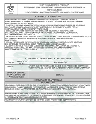 Modelo de
Mejora
LÍNEA TECNOLÓGICA DEL PROGRAMA
TECNOLOGÍAS DE LA INFORMACIÓN Y LAS COMUNICACIONES GESTIÓN DE LA
RED TECNOLÓGICA
TECNOLOGÍAS DE LA INFORMACIÓN, DISEÑO Y DESARROLLO DE SOFTWARE
4. CRITERIOS DE EVALUACIÓN
CONFIGURA EL SOFTWARE DESARROLLADO SOBRE DIFERENTES PLATAFORMAS Y EQUIPOS,
CUMPLIENDO CON LOS PARÁMETROS ESTABLECIDOS POR LA ORGANIZACIÓN, Y GARANTIZANDO EL
FUNCIONAMIENTO DEL APLICATIVO.
ELABORA EL INFORME ADMINISTRATIVO DE LA SOLUCIÓN INFORMÁTICA IMPLANTADA, DE ACUERDO A
LOS PLANES DE INSTALACIÓN, RESPALDO Y MIGRACIÓN DEL SISTEMA ESTIPULADOS POR LA
ORGANIZACIÓN, UTILIZANDO NORMAS Y PROTOCOLOS.
DISEÑA LOS MANUALES DE USUARIO Y DE OPERACIÓN DEL SISTEMA DE INFORMACIÓN
DESARROLLADO, PARA LA DOCUMENTACIÓN Y MANEJO DEL APLICATIVO DEL USUARIO FINAL,
UTILIZANDO NORMAS Y PROTOCOLOS.
VALIDA LOS MANUALES DEL SISTEMA JUNTO CON EL USUARIO FINAL, PARA DETERMINAR LOS AJUSTES
NECESARIOS EN ELLOS Y RESPONDER A SUS NECESIDADES, UTILIZANDO NORMAS Y
PROTOCOLOS.
REALIZA PROCESOS DE CAPACITACIÓN, DE ACUERDO A LA CARACTERIZACIÓN DE LOS USUARIOS
DEL SISTEMA DE INFORMACIÓN, SEGÚN PROTOCOLOS DE LA ORGANIZACIÓN.
ELABORA EL INFORME TÉCNICO DE LA SOLUCIÓN INFORMÁTICA IMPLANTADA, DE ACUERDO AL
PROCESO DE DESARROLLO E IMPLANTACIÓN DEL SOFTWARE, UTILIZANDO NORMAS Y
PROCEDIMIENTOS DE LA ORGANIZACIÓN.
1. CONTENIDOS CURRICULARES DE LA COMPETENCIA
DENOMINACIÓNCÓDIGO:
22050103
VERSIÓN DE
LA NCL
2
2. RESULTADOS DE APRENDIZAJE
APLICAR BUENAS PRÁCTICAS DE CALIDAD EN EL PROCESO DE DESARROLLO
DE SOFTWARE, DE ACUERDO CON EL REFERENTE ADOPTADO EN LA EMPRESA.
DURACIÓN ESTIMADA
PARA EL LOGRO DEL
APRENDIZAJE (en
200 horas
DENOMINACIÓN
APLICAR LOS ESTÁNDARES DE CALIDAD INVOLUCRADOS EN LOS PROCESOS DEDESARROLLO DE SOFTWARE,
SIGUIENDO EL PLAN ESTABLECIDO PARA MANTENER LAINTEGRIDAD DE LOS PRODUCTOS DE TRABAJO
DEFINIDOS, SEGÚN LAS PRÁCTICASDE CONFIGURACIÓN ESTABLECIDAS POR LA EMPRESA
ELABORAR INSTRUMENTOS E INSTRUCTIVOS, REQUERIDOS POR EL ASEGURAMIENTODE LA CALIDAD, PARA
DOCUMENTAR Y EVALUAR LOS PROCESOS DE DESARROLLO DESOFTWARE, DE ACUERDO CON LAS NORMAS
Y PROCEDIMIENTOS ESTABLECIDASPOR LA EMPRESA
IDENTIFICAR LOS PUNTOS CRÍTICOS DE CONTROL EN LOS PROCESOS DE DESARROLLODE
Página 18 de 369/04/13 09:42 AM
 
