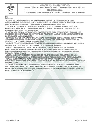 Modelo de
Mejora
LÍNEA TECNOLÓGICA DEL PROGRAMA
TECNOLOGÍAS DE LA INFORMACIÓN Y LAS COMUNICACIONES GESTIÓN DE LA
RED TECNOLÓGICA
TECNOLOGÍAS DE LA INFORMACIÓN, DISEÑO Y DESARROLLO DE SOFTWARE
DE
TRABAJO.
ADMINISTRA LAS LÍNEAS BASE, APLICANDO FUNDAMENTOS DE ADMINISTRACIÓN DE LA
CONFIGURACIÓN, DE ACUERDO CON EL PROCESO ESTABLECIDO Y CON EL PLAN PARA MANTENER LA
INTEGRIDAD DE LOS PRODUCTOS DE TRABAJO, DEFINIDOS EN EL PROCESO.
CONTROLA LOS CAMBIOS Y VERSIONES DE PRODUCTOS DE TRABAJO, DE PROCESOS Y DE
PROYECTOS, APLICANDO LOS FUNDAMENTOS DE CONTROL DE CAMBIOS, DE ACUERDO CON EL
ESTÁNDAR ADOPTADO POR LA EMPRESA.
ELABORA Y DILIGENCIA INSTRUMENTOS E INSTRUCTIVOS, PARA DOCUMENTAR Y EVALUAR LOS
PROCESOS DE DESARROLLO DE SOFTWARE, DE ACUERDO A LAS PAUTAS DE ASEGURAMIENTO DE
LA CALIDAD DE LA ORGANIZACIÓN.
DEFINE EL PLAN DE EVALUACIÓN DE LA CALIDAD DE PROCESOS DE DESARROLLO DE SOFTWARE,
APLICANDO PRINCIPIOS DE ASEGURAMIENTO DE CALIDAD Y DE GESTIÓN DE PROYECTOS, DE
ACUERDO CON EL PROCEDIMIENTO ESTABLECIDO.
DEFINE Y ESTABLECE CRITERIOS PARA MEDIR PROCESOS ASIGNADOS, APLICANDO FUNDAMENTOS
DE MEDICIÓN, DE ACUERDO CON LOS OBJETIVOS ORGANIZACIONALES.
REALIZA LA EVALUACIÓN DE CALIDAD, A PARTIR DE LA MEDICIÓN DE LOS PROCESOS Y
PRODUCTOS, DE ACUERDO CON LAS NECESIDADES DE INFORMACIÓN DE LOS DIFERENTES
NIVELES ADMINISTRATIVOS, DE LOS OBJETIVOS ORGANIZACIONALES Y DE LOS CRITERIOS DE
MEDICIÓN ESTABLECIDOS.
MEJORA Y ADECUA PROCESOS ASIGNADOS, DE ACUERDO CON LOS RESULTADOS DE LAS
MEDICIONES, EVALUACIONES Y RECOMENDACIONES DE RESOLUCIÓN, DE NO CONFORMIDADES.
REALIZA EL SEGUIMIENTO A LAS ACCIONES CORRECTIVAS Y PREVENTIVAS, IDENTIFICADAS
DURANTE EL PROCESO DE EVALUACIÓN DE LA CALIDAD, DE ACUERDO CON LOS PROTOCOLOS DE LA
ORGANIZACIÓN.
ELABORA EL INFORME FINAL DEL PROCESO DE GESTIÓN DE CALIDAD EN EL DESARROLLO DE
SOFTWARE, QUE CONSOLIDA LA INFORMACIÓN DE LAS EVIDENCIAS, HALLAZGOS Y NOVEDADES
FRENTE AL SEGUIMIENTO Y CONTROL DE LOS PRODUCTOS, SEGÚN NORMAS INTERNACIONALES Y
PROTOCOLOS DE LA ORGANIZACIÓN.
Página 21 de 369/04/13 09:42 AM
 