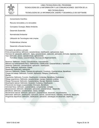 Modelo de
Mejora
LÍNEA TECNOLÓGICA DEL PROGRAMA
TECNOLOGÍAS DE LA INFORMACIÓN Y LAS COMUNICACIONES GESTIÓN DE LA
RED TECNOLÓGICA
TECNOLOGÍAS DE LA INFORMACIÓN, DISEÑO Y DESARROLLO DE SOFTWARE
· Conocimiento Científico
· Recurso renovables y no renovables
· Conceptos: Ecología, Medio Ambiente.
· Desarrollo Sostenible
· Normatividad Ambiental
· Utilización de Tecnologías más Limpias
· Problemáticas Urbanas
· Desarrollo a Escala Humana
Conceptos de público y privado
Ficha antropométrica: definición, características, clasificación, aplicaciones, tipos.
Técnicas de valoración: definición, tipos, características , selección, aplicación, formulas, baremos, índices
Test: Definición, clases, características, aplicaciones.
· Formatos: Clases, Características, Técnicas de diligenciamiento.
Baremos: Definición, Clases, Características, Interpretación.
Métodos de entrenamiento físico: Definiciones, Clasificación, Características y Aplicación.
Sistemas: Definición, características, aplicación, clasificación.
Series: Definición, Aplicación, Clases
Repetición: Definición y aplicación
Ejercicio: Definición, Clases, Tiempos de aplicación, Condición, Características, Beneficios.
Cargas de trabajo: Definición, Función, Aplicación, Riesgos, Clasificación.
Manejo.
Ergonomía: Definición, Función, Clasificación, Limitantes, Beneficios, Estándares.
Riesgo ergonómico: Definición, características, manejo, medición, análisis
Riesgo Psicosocial: Definición, Características, Manejo, Medición, Análisis.
Desempeño laboral: Definición, Duración, Cuidados, Clasificación.
Prevención de riesgos ocupacionales: Concepto, Beneficios.
Actividad física: definición ,características, componentes, ventajas
Biopsicosocial: definición, dimensión, aplicación, características. Desarrollo.
Beneficios: definición, características, clases, ventajas.
Rendimiento laboral: definición, aplicación, características, desarrollo, requerimientos.
Motricidad: definición, clasificación, aplicación, teorías, características, métodos, beneficios, desarrollo.
Programas deportivos: definición, clasificación, aplicación, estrategias de desarrollo, objetivos,
Página 25 de 369/04/13 09:42 AM
 