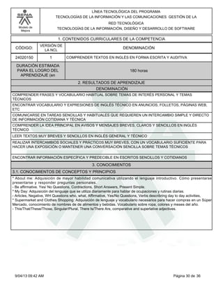 Modelo de
Mejora
LÍNEA TECNOLÓGICA DEL PROGRAMA
TECNOLOGÍAS DE LA INFORMACIÓN Y LAS COMUNICACIONES GESTIÓN DE LA
RED TECNOLÓGICA
TECNOLOGÍAS DE LA INFORMACIÓN, DISEÑO Y DESARROLLO DE SOFTWARE
1. CONTENIDOS CURRICULARES DE LA COMPETENCIA
DENOMINACIÓNCÓDIGO:
24020150
VERSIÓN DE
LA NCL
1
2. RESULTADOS DE APRENDIZAJE
COMPRENDER TEXTOS EN INGLÉS EN FORMA ESCRITA Y AUDITIVA
DURACIÓN ESTIMADA
PARA EL LOGRO DEL
APRENDIZAJE (en
180 horas
DENOMINACIÓN
COMPRENDER FRASES Y VOCABULARIO HABITUAL SOBRE TEMAS DE INTERÉS PERSONAL Y TEMAS
TÉCNICOS
ENCONTRAR VOCABULARIO Y EXPRESIONES DE INGLÉS TÉCNICO EN ANUNCIOS, FOLLETOS, PÁGINAS WEB,
ETC
COMUNICARSE EN TAREAS SENCILLAS Y HABITUALES QUE REQUIEREN UN INTERCAMBIO SIMPLE Y DIRECTO
DE INFORMACIÓN COTIDIANA Y TÉCNICA
COMPRENDER LA IDEA PRINCIPAL EN AVISOS Y MENSAJES BREVES, CLAROS Y SENCILLOS EN INGLÉS
TÉCNICO
LEER TEXTOS MUY BREVES Y SENCILLOS EN INGLÉS GENERAL Y TÉCNICO
REALIZAR INTERCAMBIOS SOCIALES Y PRÁCTICOS MUY BREVES, CON UN VOCABULARIO SUFICIENTE PARA
HACER UNA EXPOSICIÓN O MANTENER UNA CONVERSACIÓN SENCILLA SOBRE TEMAS TÉCNICOS
ENCONTRAR INFORMACIÓN ESPECÍFICA Y PREDECIBLE EN ESCRITOS SENCILLOS Y COTIDIANOS
3. CONOCIMIENTOS
3.1. CONOCIMIENTOS DE CONCEPTOS Y PRINCIPIOS
*About me: Adquisición de mayor habilidad comunicativa utilizando el lenguaje introductivo. Cómo presentarse
presentarse y responder preguntas personales.
-Be affirmative. Yes/ No Questions, Contractions, Short Answers, Present Simple.
*My Day: Adquisición del lenguaje que se utiliza diariamente para hablar de ocupaciones y rutinas diarias.
-Articles, Negative, WH Questions who, what, Affirmative, Yes/No Questions, Verbs describring day to day activities,
*Supermarket and Clothes Shopping: Adquisición de lenguaje y vocabulario necesarios para hacer compras en un Súper
Mercado, conocimiento de nombres de de alimentos y bebidas. Vocabulario sobre ropa, colores y meses del año.
-This/That/These/Those, Singular/Plural, There Is/There Are, comparative and superlative adjectives.
Página 30 de 369/04/13 09:42 AM
 