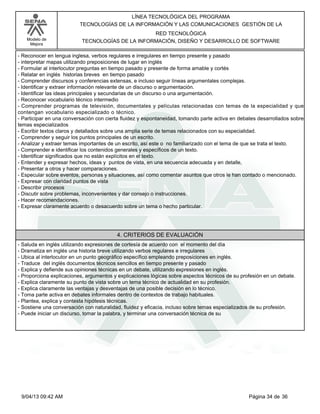 Modelo de
Mejora
LÍNEA TECNOLÓGICA DEL PROGRAMA
TECNOLOGÍAS DE LA INFORMACIÓN Y LAS COMUNICACIONES GESTIÓN DE LA
RED TECNOLÓGICA
TECNOLOGÍAS DE LA INFORMACIÓN, DISEÑO Y DESARROLLO DE SOFTWARE
-Reconocer en lengua inglesa, verbos regulares e irregulares en tiempo presente y pasado
-interpretar mapas utilizando preposiciones de lugar en inglés
-Formular al interlocutor preguntas en tiempo pasado y presente de forma amable y cortés
-Relatar en inglés historias breves en tiempo pasado
-Comprender discursos y conferencias extensas, e incluso seguir líneas argumentales complejas.
-Identificar y extraer información relevante de un discurso o argumentación.
-Identificar las ideas principales y secundarias de un discurso o una argumentación.
-Reconocer vocabulario técnico intermedio
-Comprender programas de televisión, documentales y películas relacionadas con temas de la especialidad y que
contengan vocabulario especializado o técnico.
-Participar en una conversación con cierta fluidez y espontaneidad, tomando parte activa en debates desarrollados sobre
temas especializados
-Escribir textos claros y detallados sobre una amplia serie de temas relacionados con su especialidad.
-Comprender y seguir los puntos principales de un escrito.
-Analizar y extraer temas importantes de un escrito, así este o no familiarizado con el tema de que se trata el texto.
-Comprender e identificar los contenidos generales y específicos de un texto.
-Identificar significados que no están explícitos en el texto.
-Entender y expresar hechos, ideas y puntos de vista, en una secuencia adecuada y en detalle,
-Presentar a otros y hacer comparaciones.
-Especular sobre eventos, personas y situaciones, así como comentar asuntos que otros le han contado o mencionado.
-Expresar con claridad puntos de vista
-Describir procesos
-Discutir sobre problemas, inconvenientes y dar consejo o instrucciones.
-Hacer recomendaciones.
-Expresar claramente acuerdo o desacuerdo sobre un tema o hecho particular.
4. CRITERIOS DE EVALUACIÓN
-Saluda en inglés utilizando expresiones de cortesía de acuerdo con el momento del día
-Dramatiza en inglés una historia breve utilizando verbos regulares e irregulares
-Ubica al interlocutor en un punto geográfico específico empleando preposiciones en inglés.
-Traduce del inglés documentos técnicos sencillos en tiempo presente y pasado
-Explica y defiende sus opiniones técnicas en un debate, utilizando expresiones en inglés.
-Proporciona explicaciones, argumentos y explicaciones lógicas sobre aspectos técnicos de su profesión en un debate.
-Explica claramente su punto de vista sobre un tema técnico de actualidad en su profesión.
-Explica claramente las ventajas y desventajas de una posible decisión en lo técnico.
-Toma parte activa en debates informales dentro de contextos de trabajo habituales.
-Plantea, explica y contesta hipótesis técnicas.
-Sostiene una conversación con naturalidad, fluidez y eficacia, incluso sobre temas especializados de su profesión.
-Puede iniciar un discurso, tomar la palabra, y terminar una conversación técnica de su
Página 34 de 369/04/13 09:42 AM
 